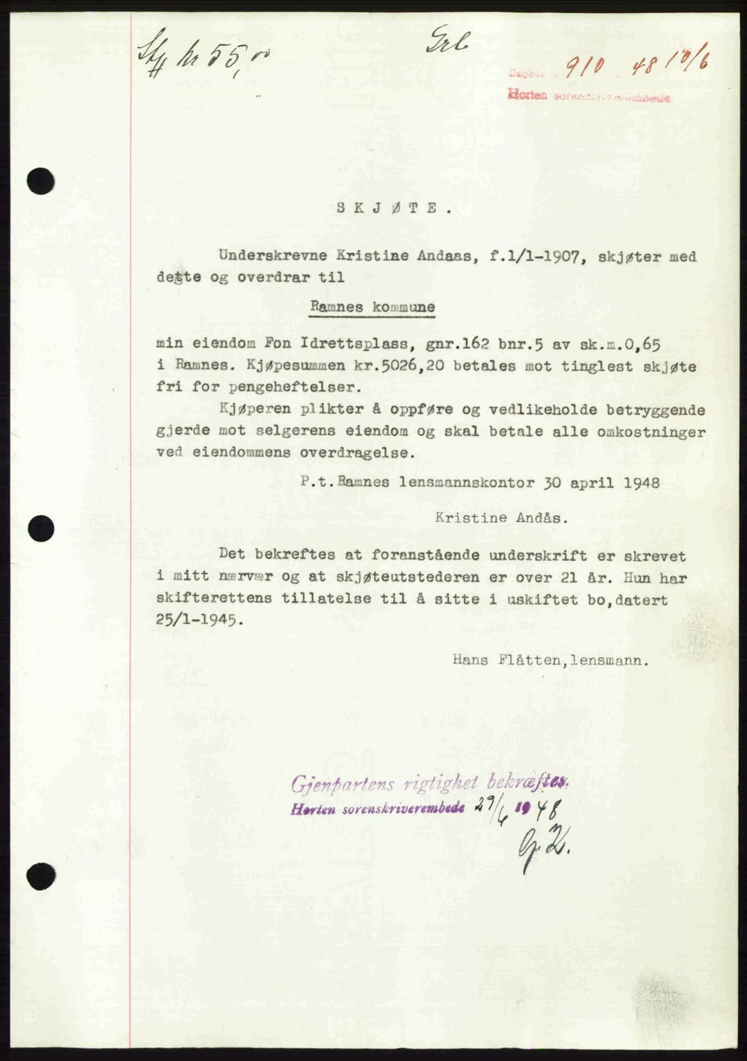 Horten sorenskriveri, AV/SAKO-A-133/G/Ga/Gaa/L0010: Mortgage book no. A-10, 1947-1948, Diary no: : 910/1948