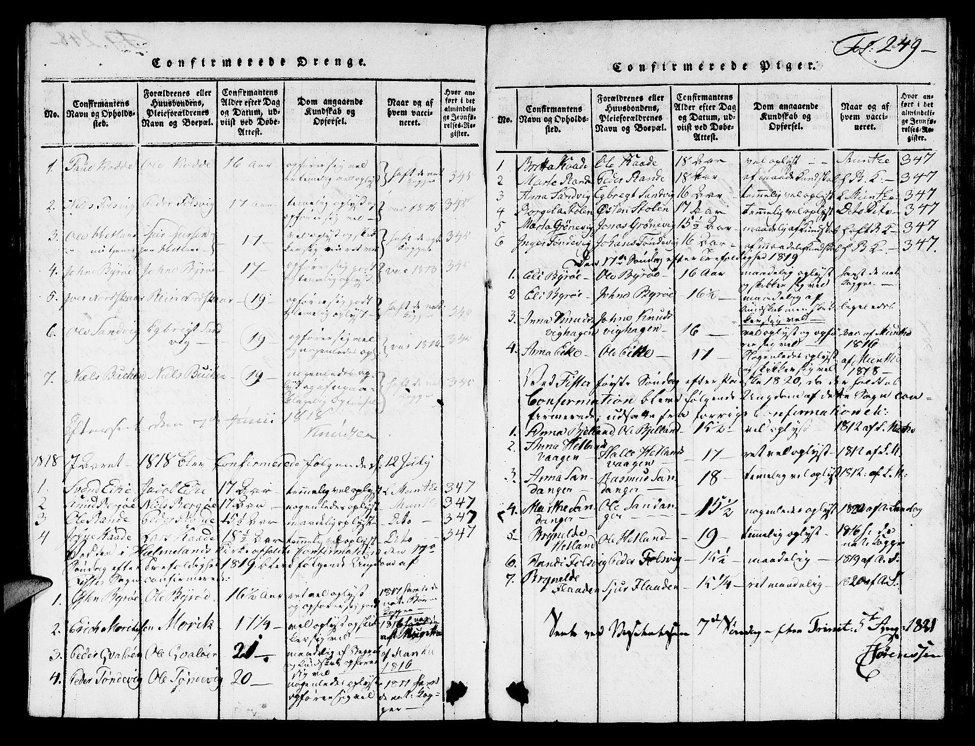 Hjelmeland sokneprestkontor, AV/SAST-A-101843/01/V/L0003: Parish register (copy) no. B 3, 1816-1841, p. 249