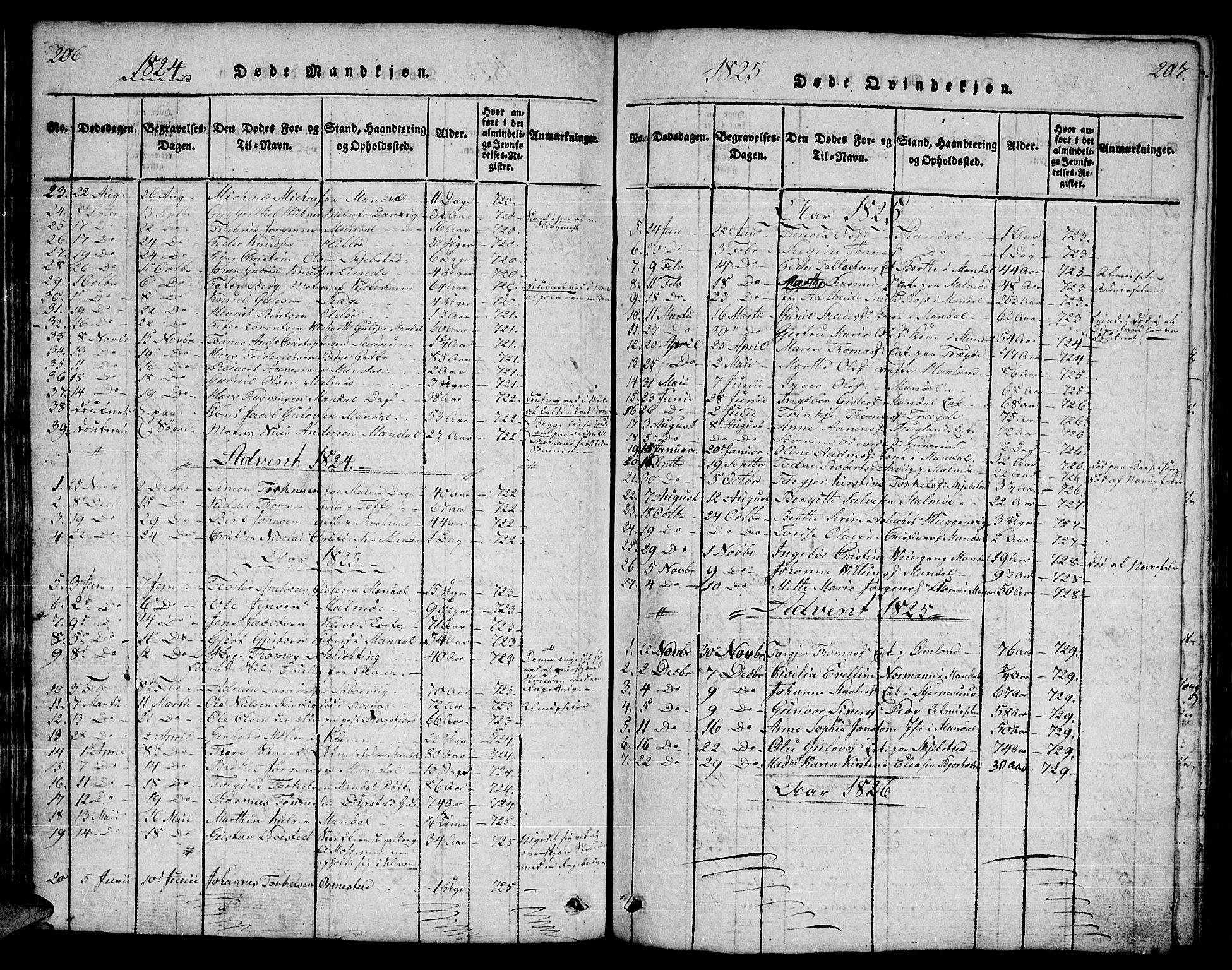 Mandal sokneprestkontor, SAK/1111-0030/F/Fb/Fba/L0001: Parish register (copy) no. B 1, 1818-1830, p. 206-207