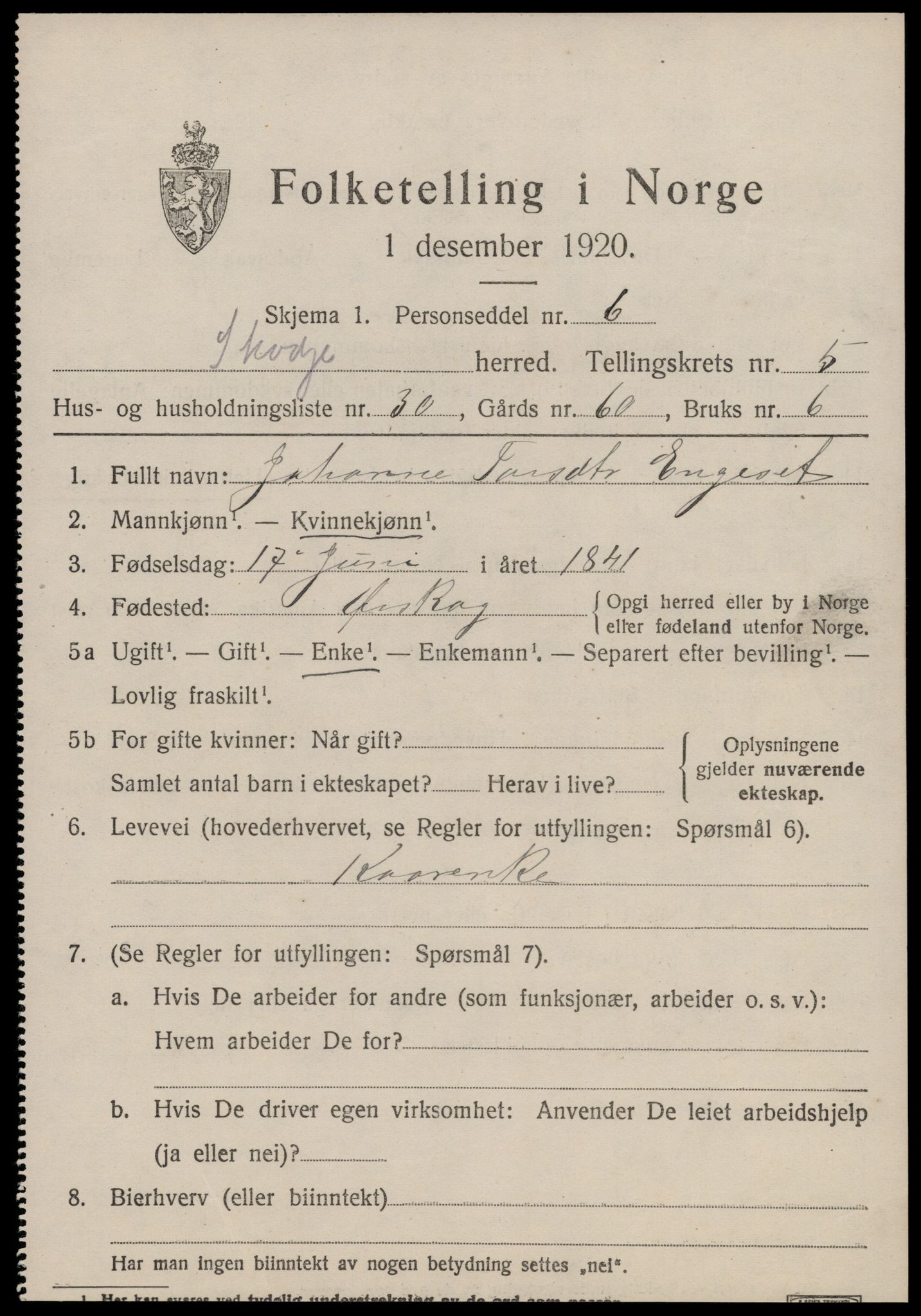 SAT, 1920 census for Skodje, 1920, p. 2615