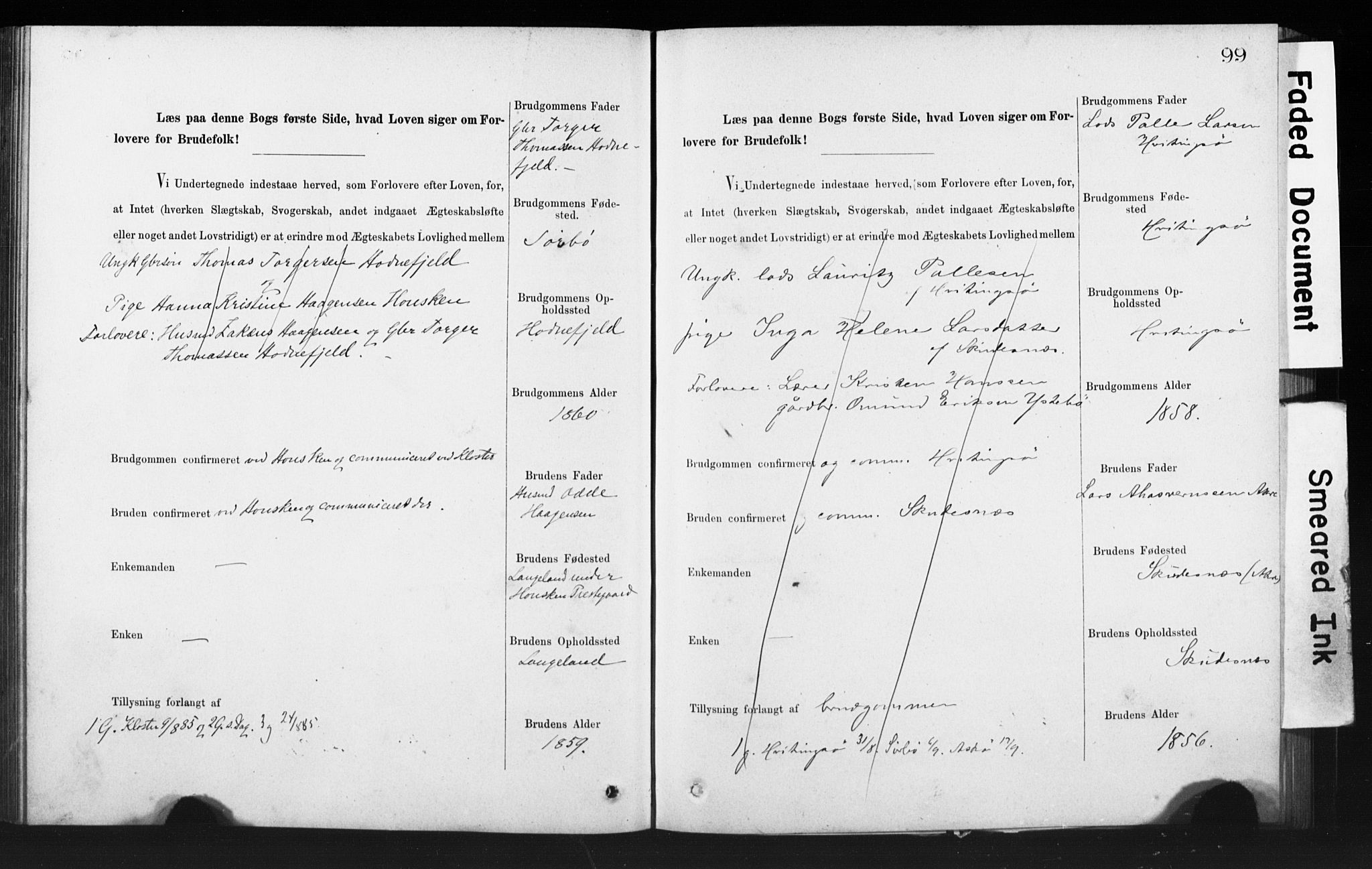 Rennesøy sokneprestkontor, AV/SAST-A -101827/I/Ie/L0001: Banns register no. 1, 1873-1898, p. 99