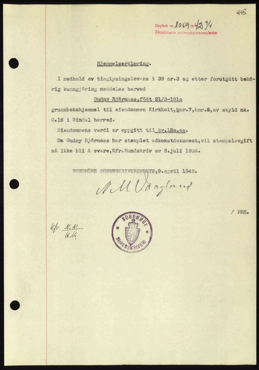 Nordmøre sorenskriveri, AV/SAT-A-4132/1/2/2Ca: Mortgage book no. A92, 1942-1942, Diary no: : 1059/1942