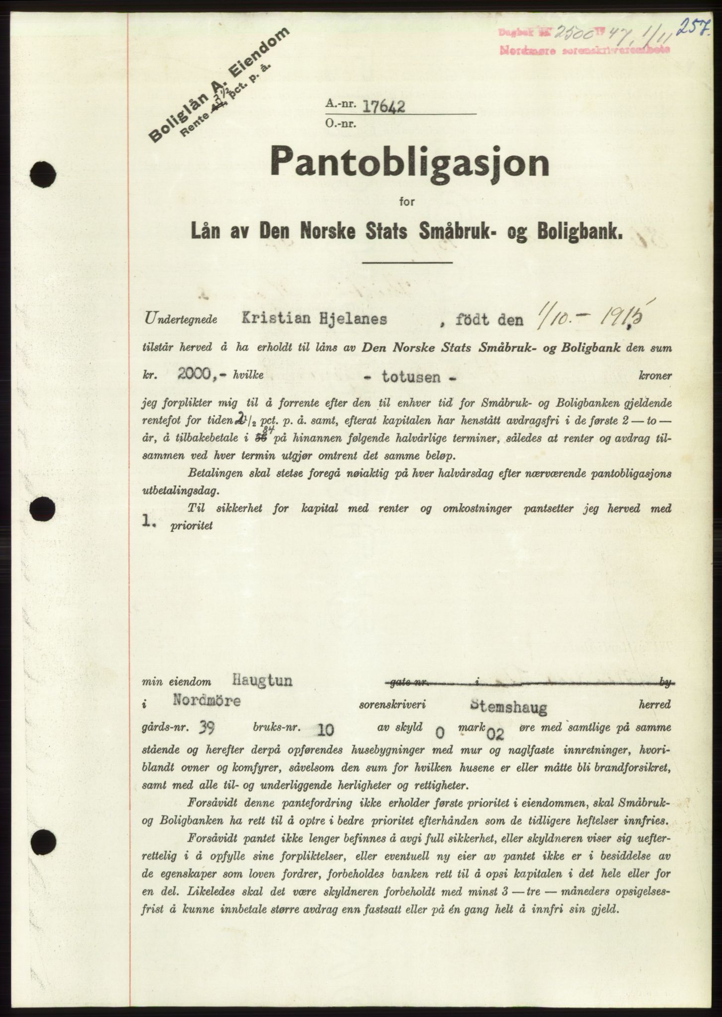 Nordmøre sorenskriveri, AV/SAT-A-4132/1/2/2Ca: Mortgage book no. B97, 1947-1948, Diary no: : 2500/1947