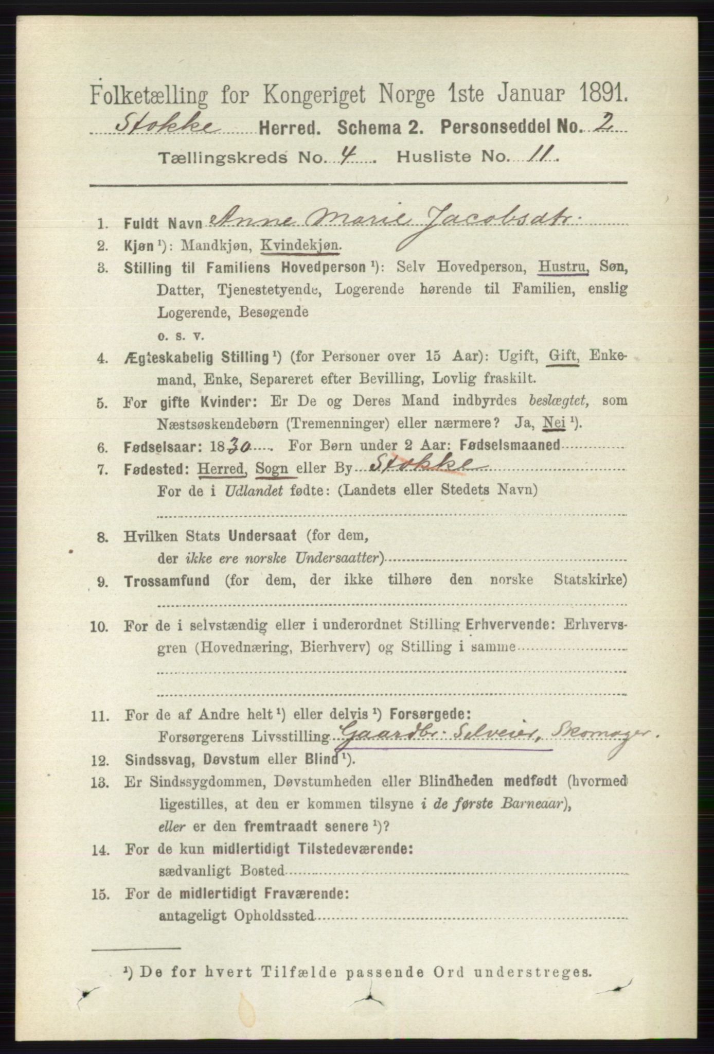 RA, 1891 census for 0720 Stokke, 1891, p. 2497