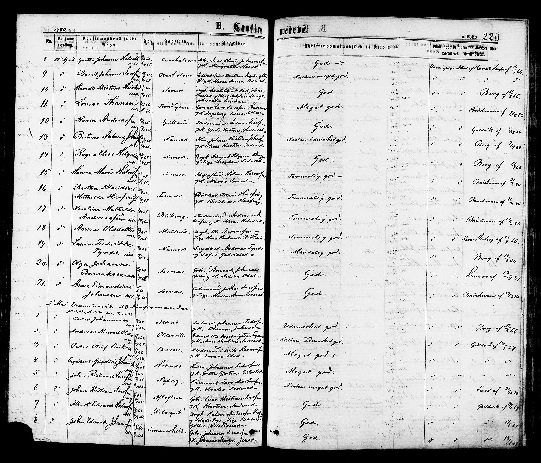 Ministerialprotokoller, klokkerbøker og fødselsregistre - Nord-Trøndelag, SAT/A-1458/768/L0572: Parish register (official) no. 768A07, 1874-1886, p. 220