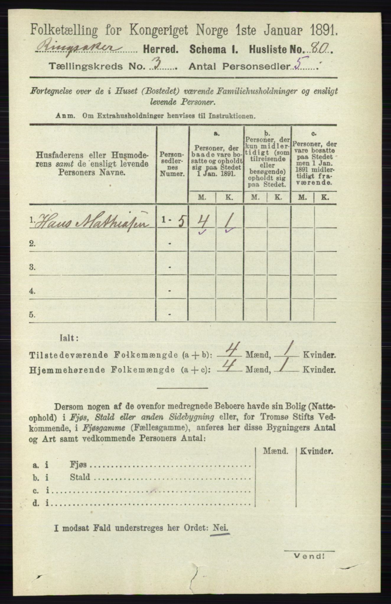 RA, 1891 census for 0412 Ringsaker, 1891, p. 1241