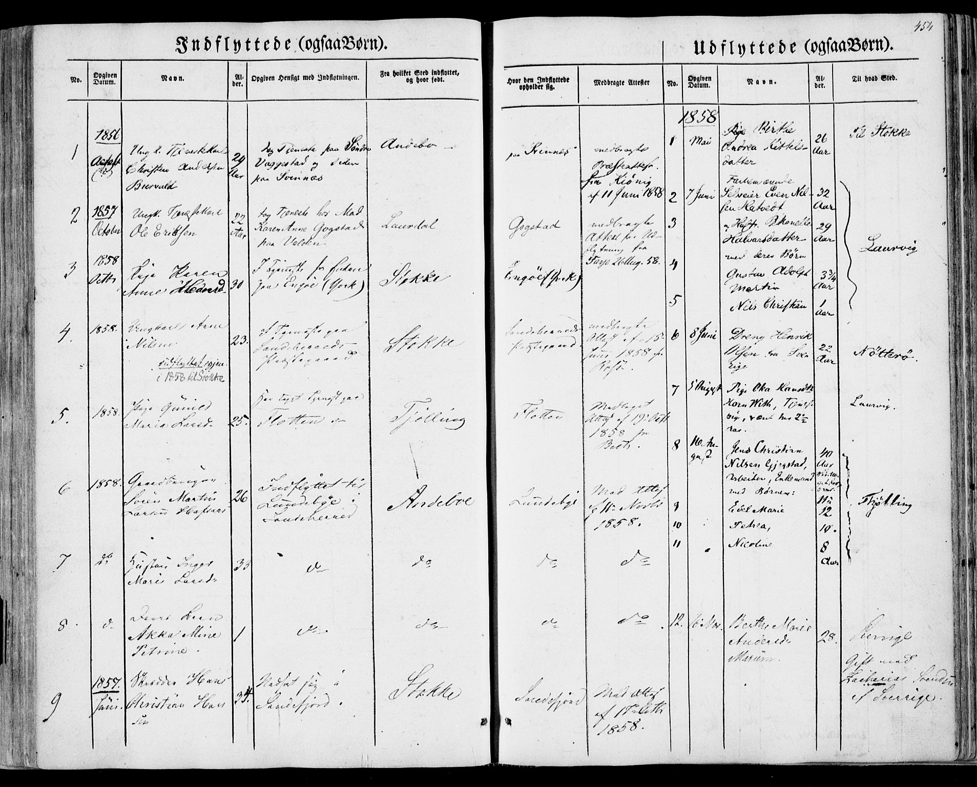 Sandar kirkebøker, SAKO/A-243/F/Fa/L0007: Parish register (official) no. 7, 1855-1861, p. 454