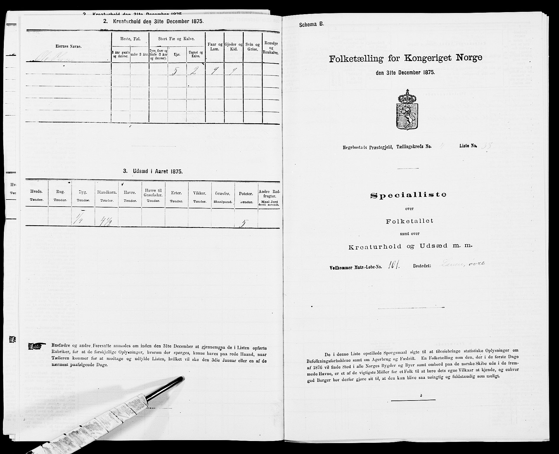 SAK, 1875 census for 1034P Hægebostad, 1875, p. 423
