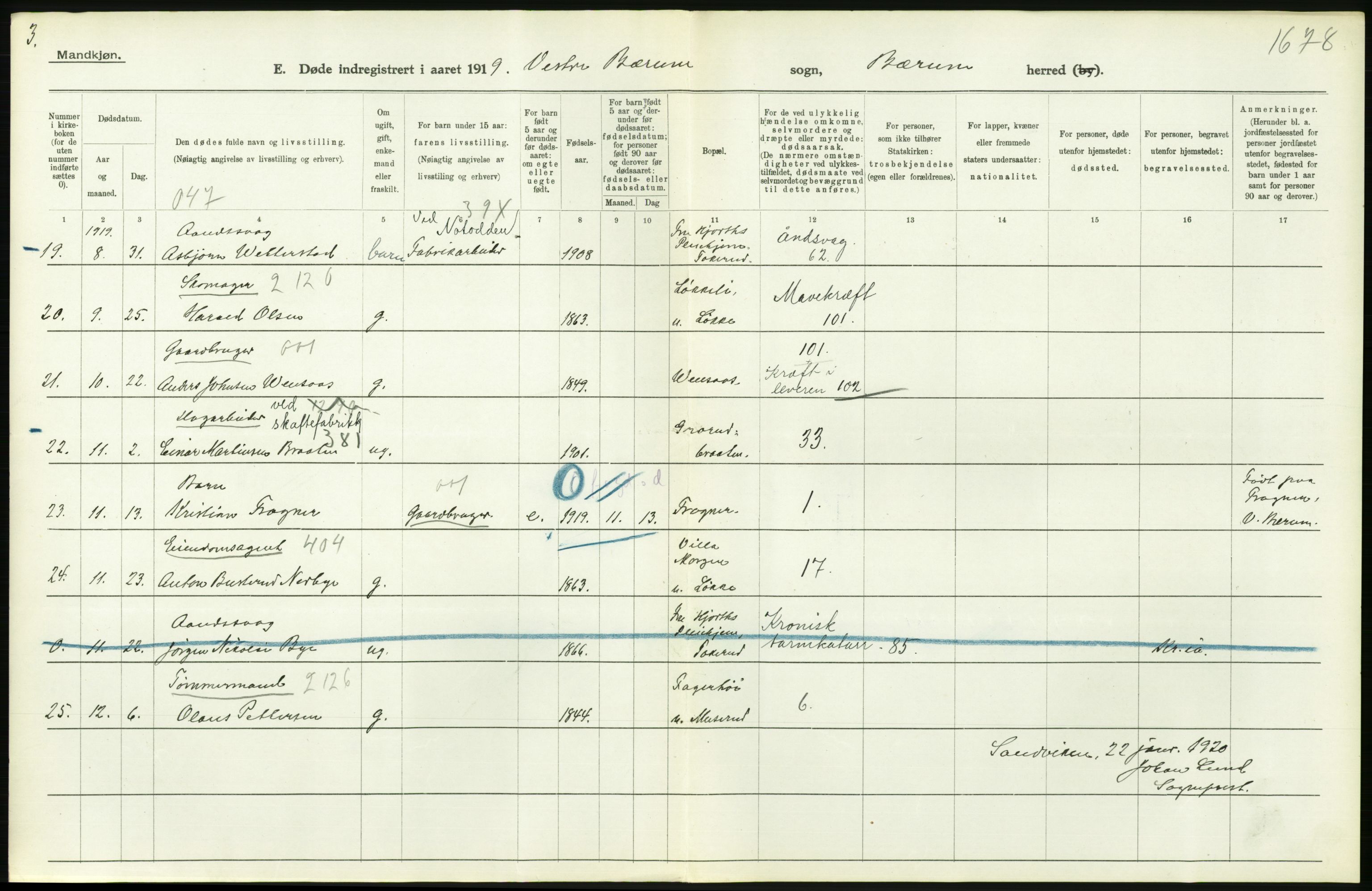 Statistisk sentralbyrå, Sosiodemografiske emner, Befolkning, RA/S-2228/D/Df/Dfb/Dfbi/L0006: Akershus fylke: Døde. Bygder og byer., 1919, p. 134