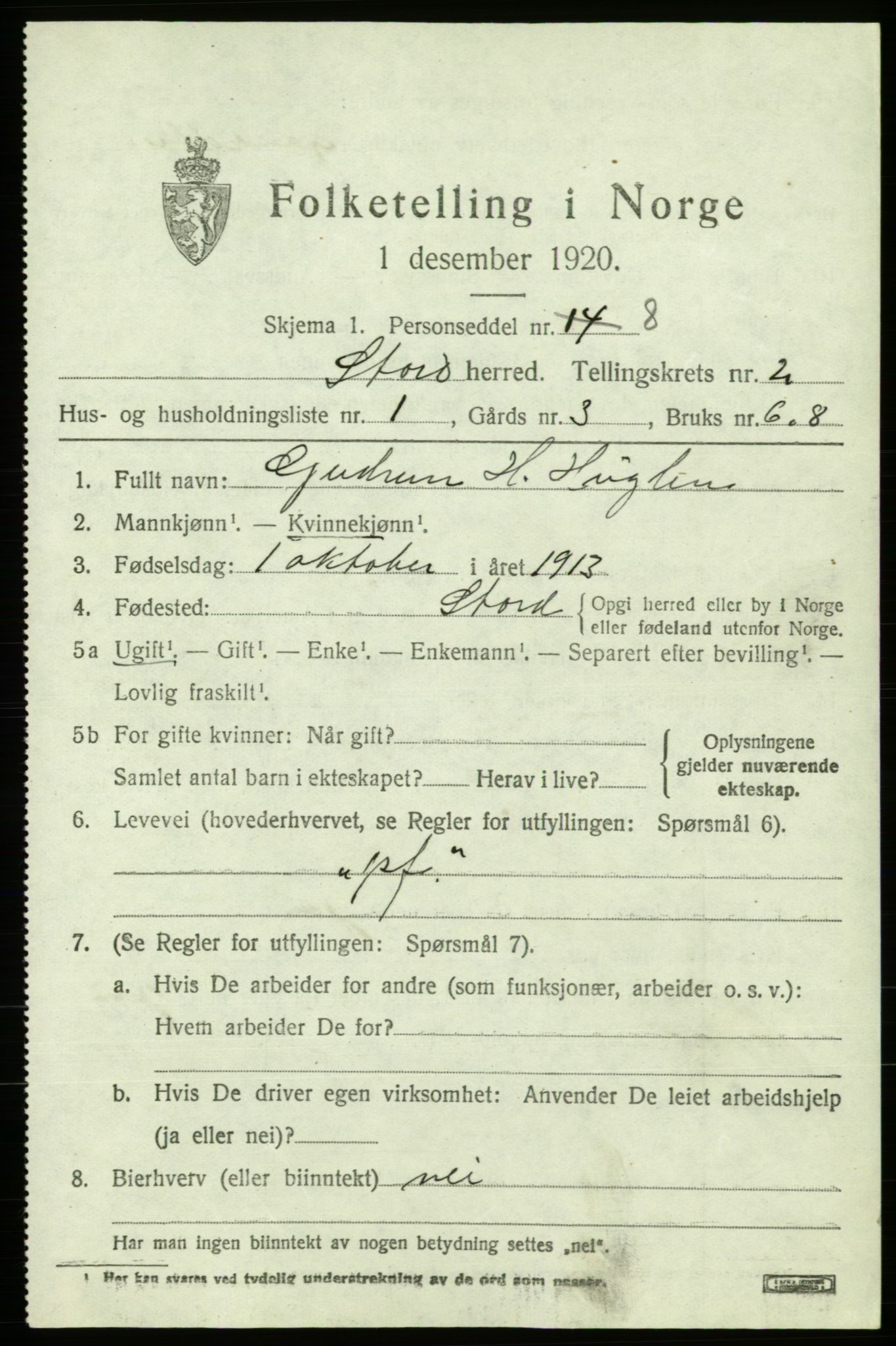 SAB, 1920 census for Stord, 1920, p. 1497