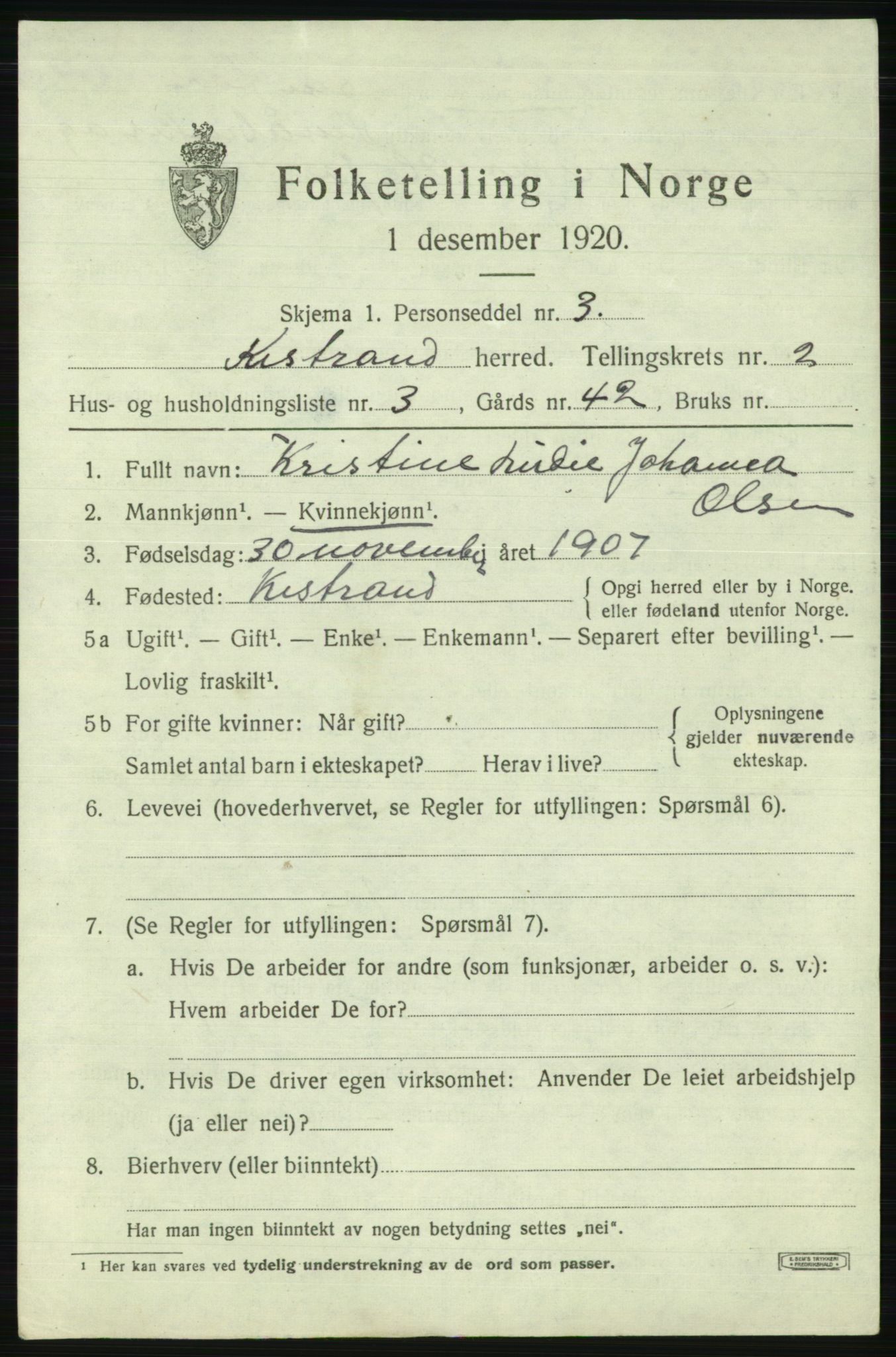 SATØ, 1920 census for Kistrand, 1920, p. 1516