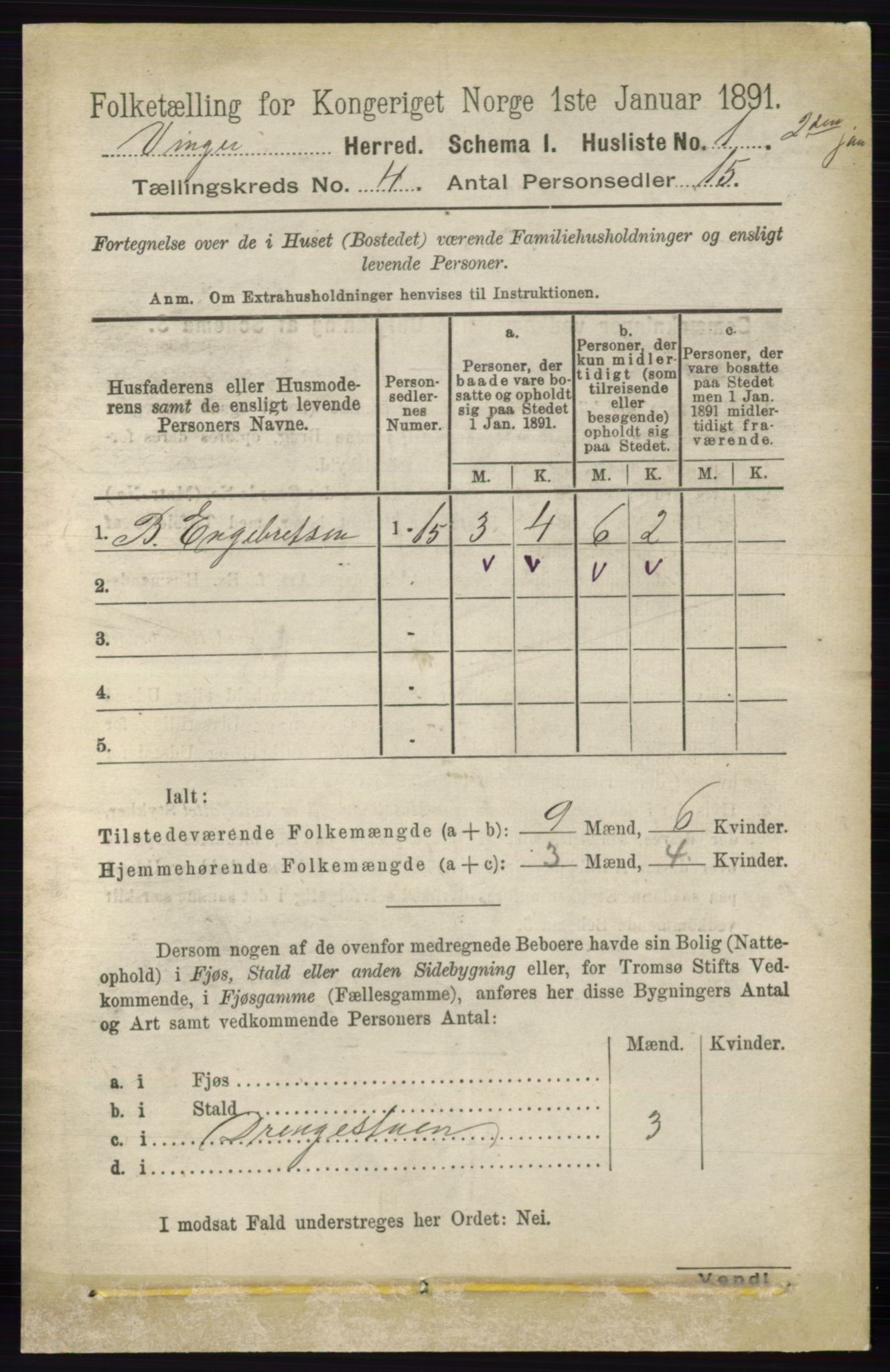 RA, 1891 census for 0421 Vinger, 1891, p. 1582