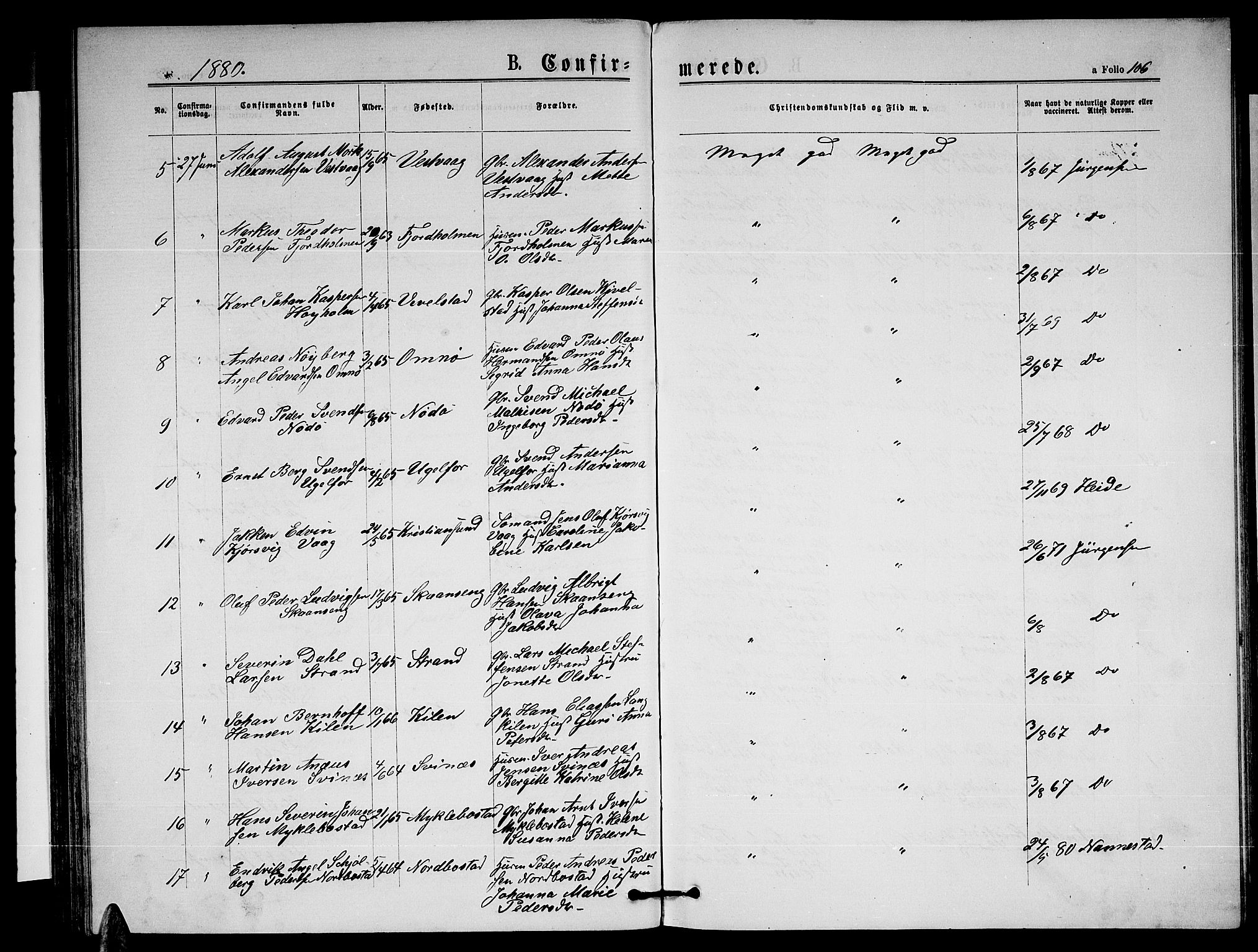 Ministerialprotokoller, klokkerbøker og fødselsregistre - Nordland, AV/SAT-A-1459/817/L0267: Parish register (copy) no. 817C02, 1870-1883, p. 106