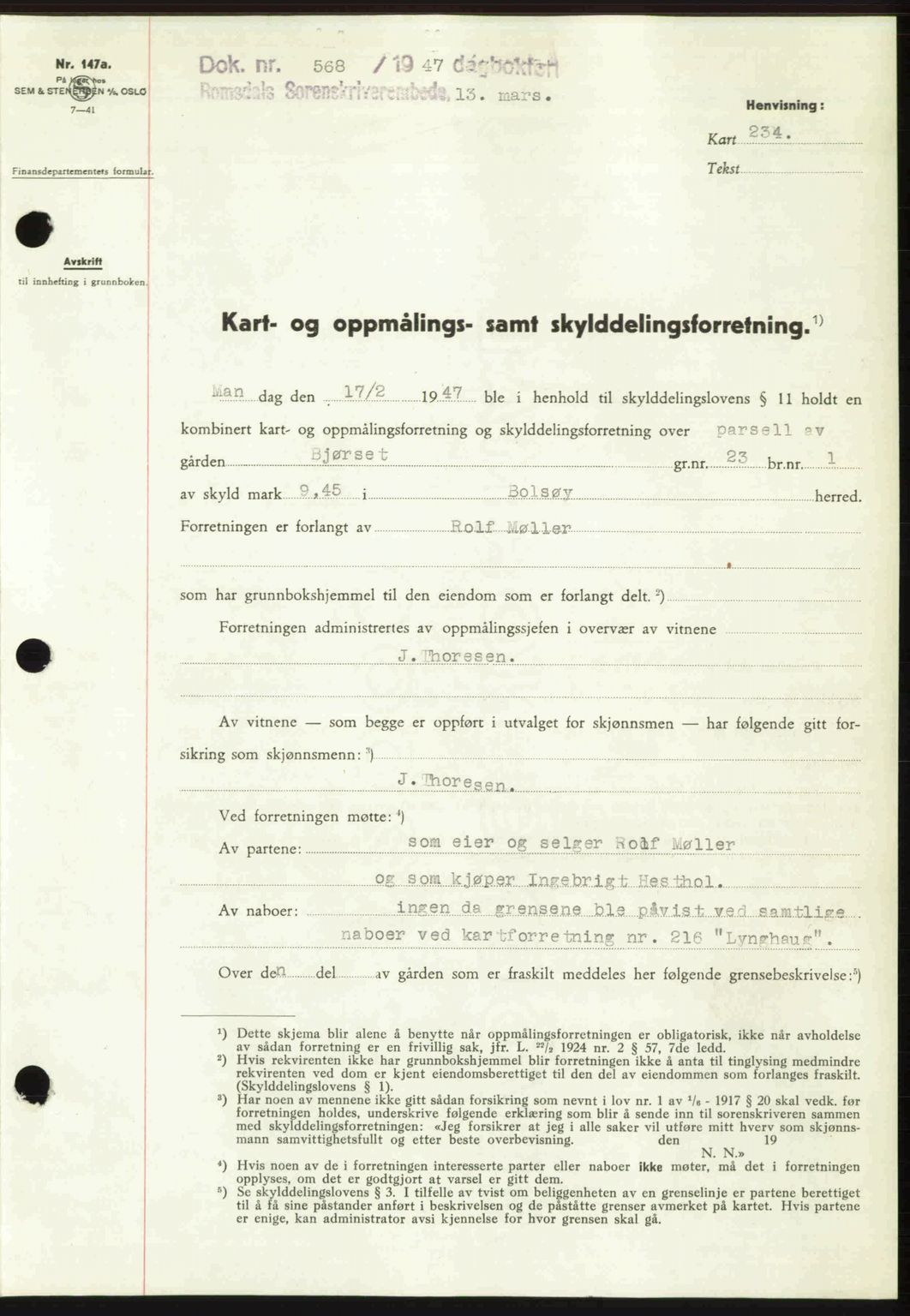 Romsdal sorenskriveri, AV/SAT-A-4149/1/2/2C: Mortgage book no. A22, 1947-1947, Diary no: : 568/1947