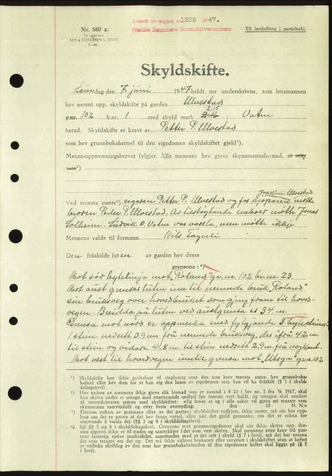 Nordre Sunnmøre sorenskriveri, AV/SAT-A-0006/1/2/2C/2Ca: Mortgage book no. A25, 1947-1947, Diary no: : 1225/1947