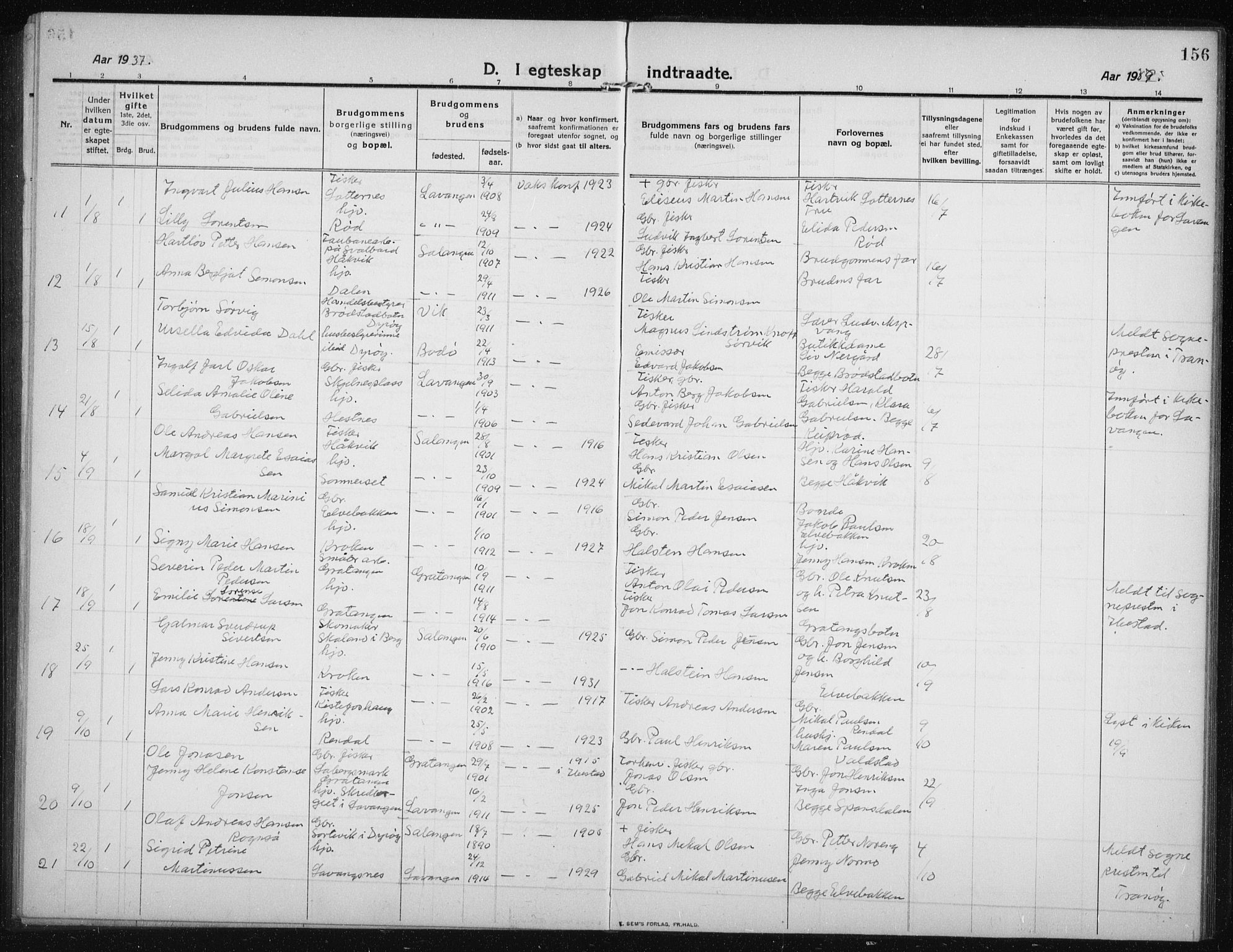 Salangen sokneprestembete, AV/SATØ-S-1324/H/Hb/L0005klokker: Parish register (copy) no. 5, 1918-1937, p. 156