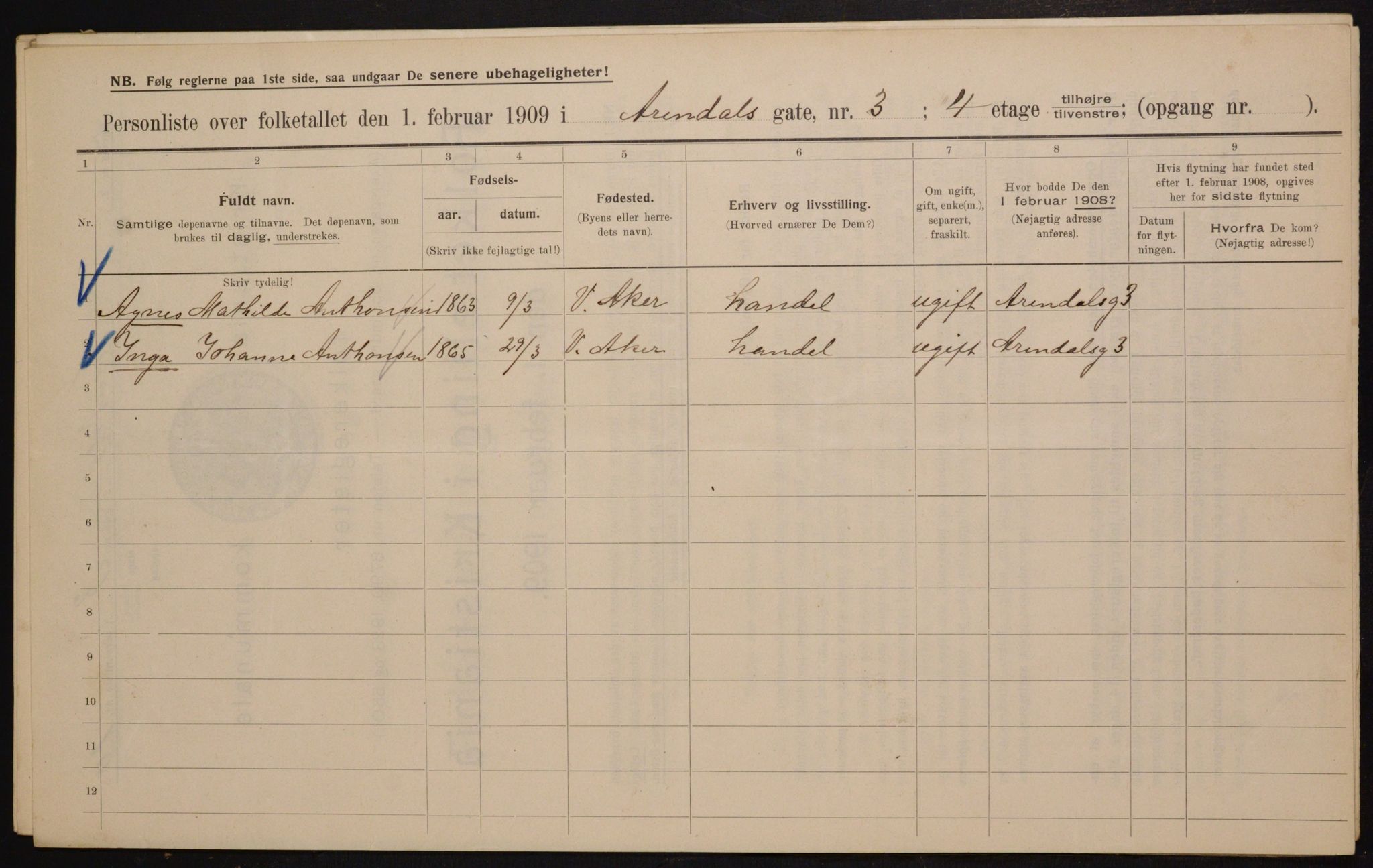 OBA, Municipal Census 1909 for Kristiania, 1909, p. 1874