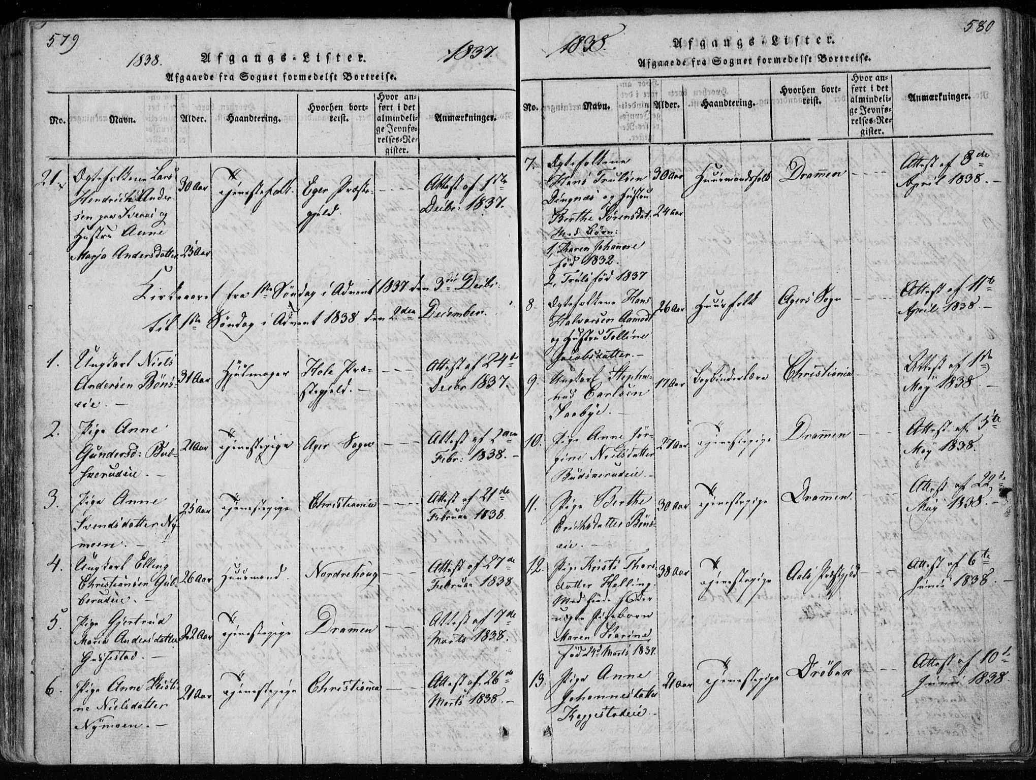 Modum kirkebøker, AV/SAKO-A-234/F/Fa/L0005: Parish register (official) no. 5, 1824-1841, p. 579-580