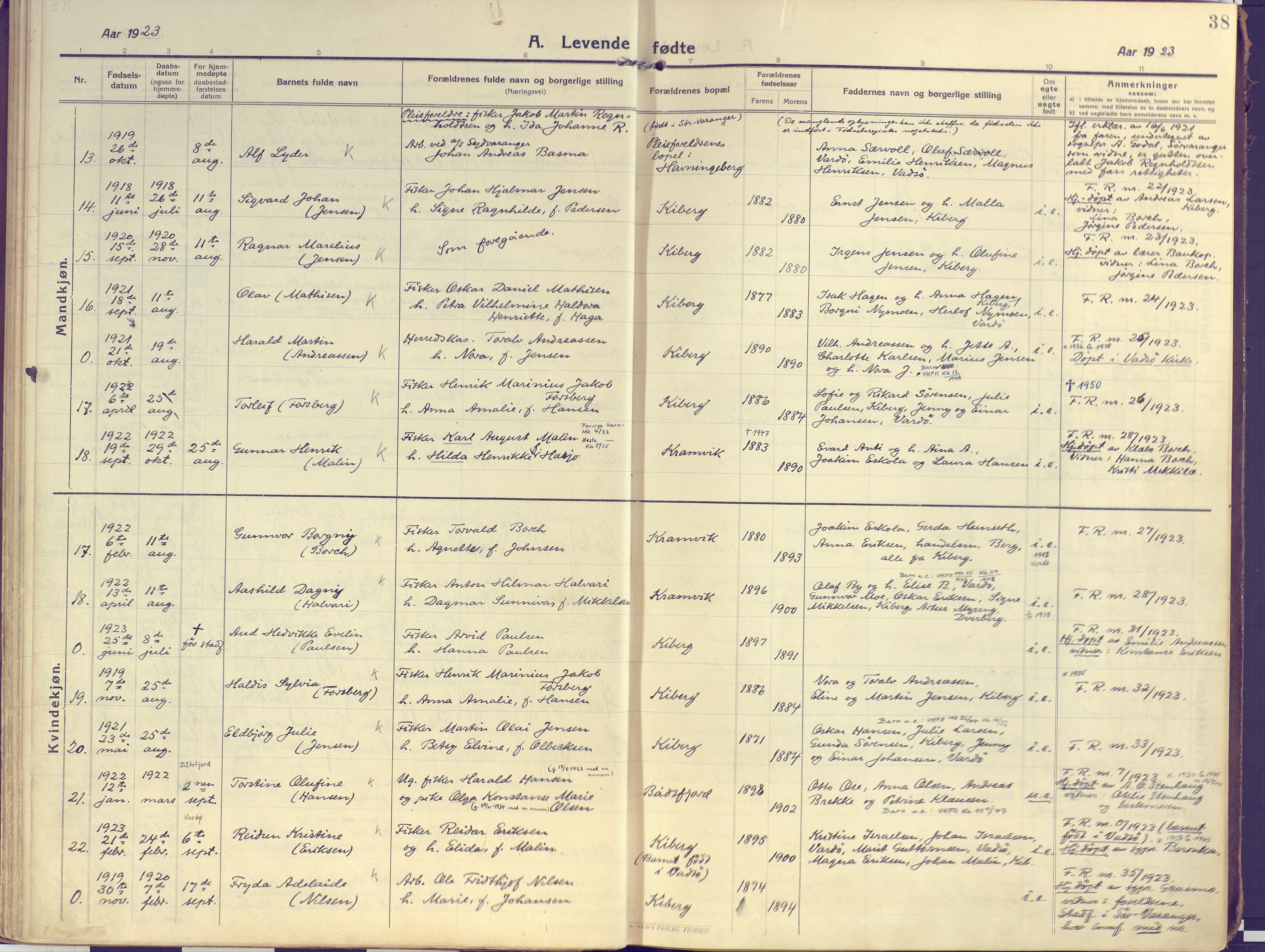 Vardø sokneprestkontor, SATØ/S-1332/H/Ha/L0013kirke: Parish register (official) no. 13, 1912-1928, p. 38