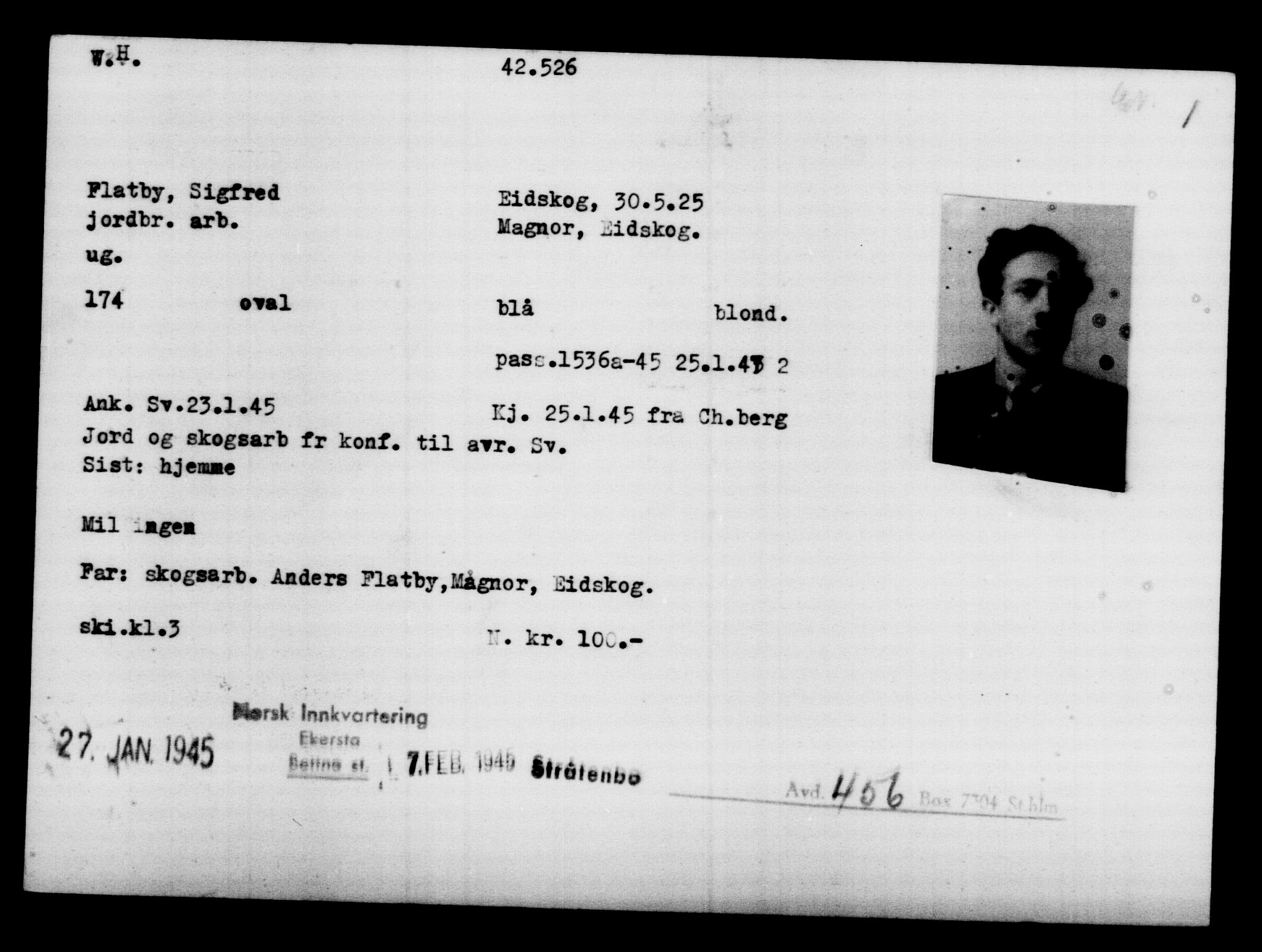 Utenriksstasjonene, Legasjonen i Stockholm, Flyktningkontoret, AV/RA-S-6753/V/Va/L0016: Kjesäterkartoteket, flyktninger med registreringsnr. 40700-43479, 1940-1945, p. 1898