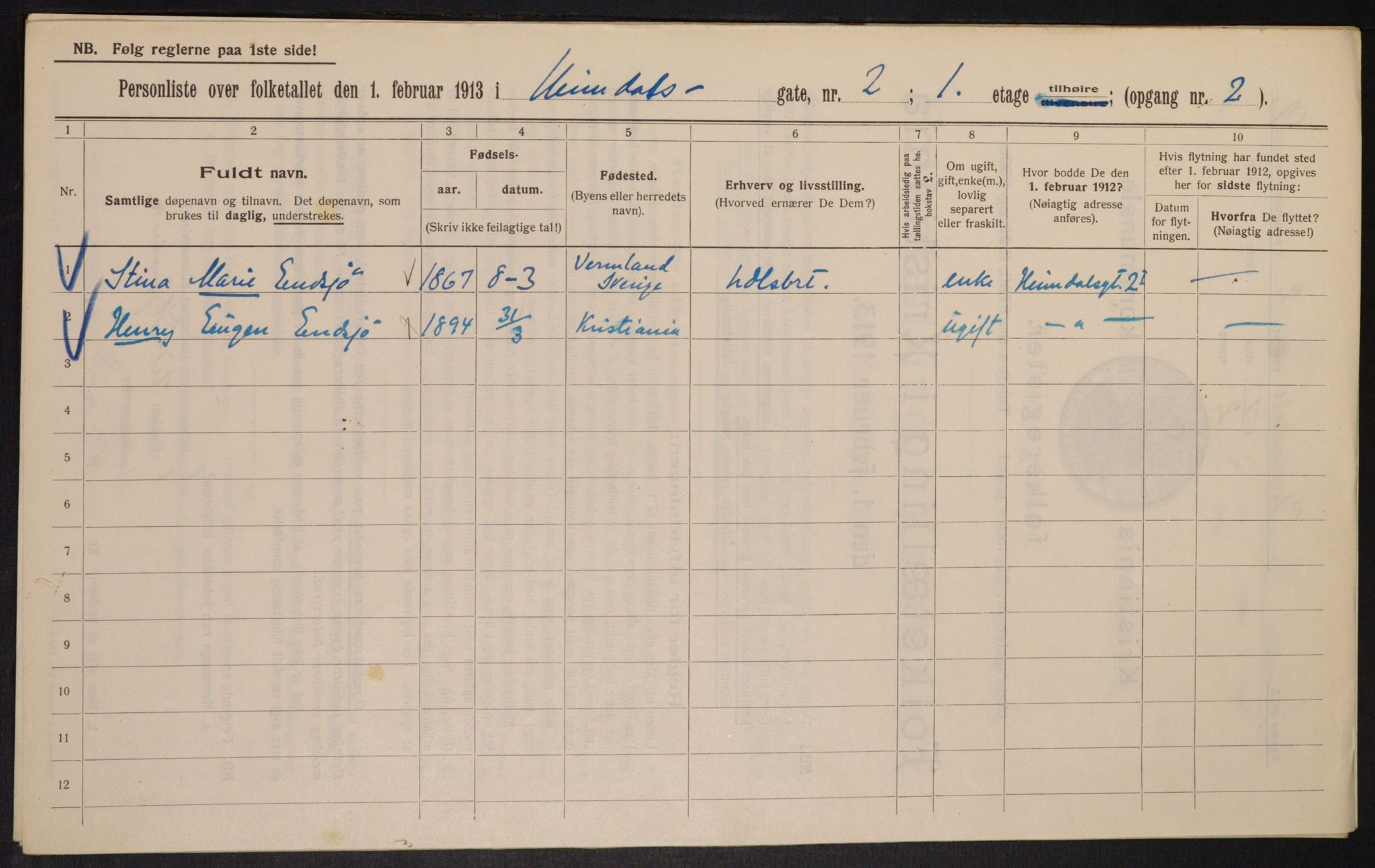 OBA, Municipal Census 1913 for Kristiania, 1913, p. 36654