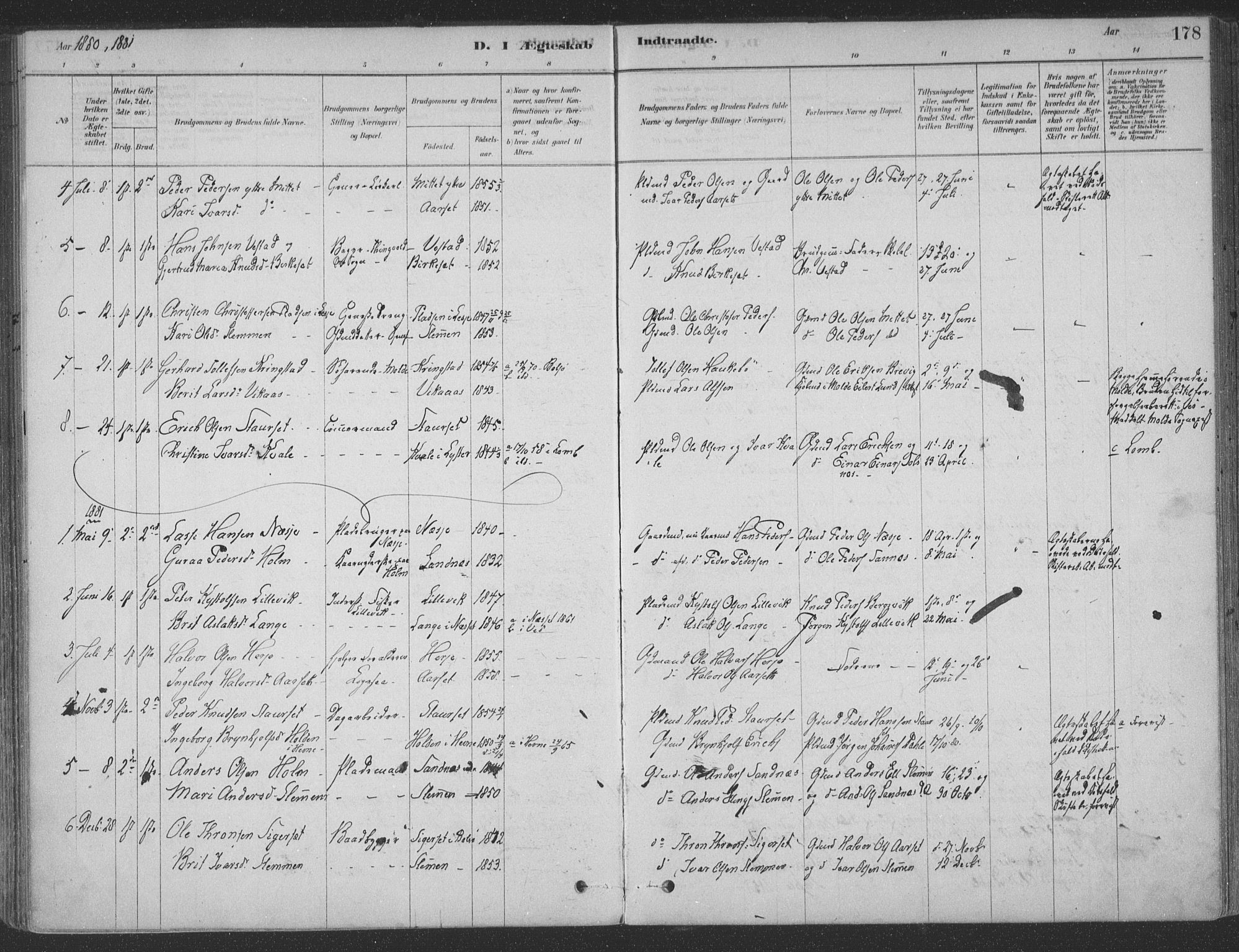 Ministerialprotokoller, klokkerbøker og fødselsregistre - Møre og Romsdal, SAT/A-1454/547/L0604: Parish register (official) no. 547A06, 1878-1906, p. 178