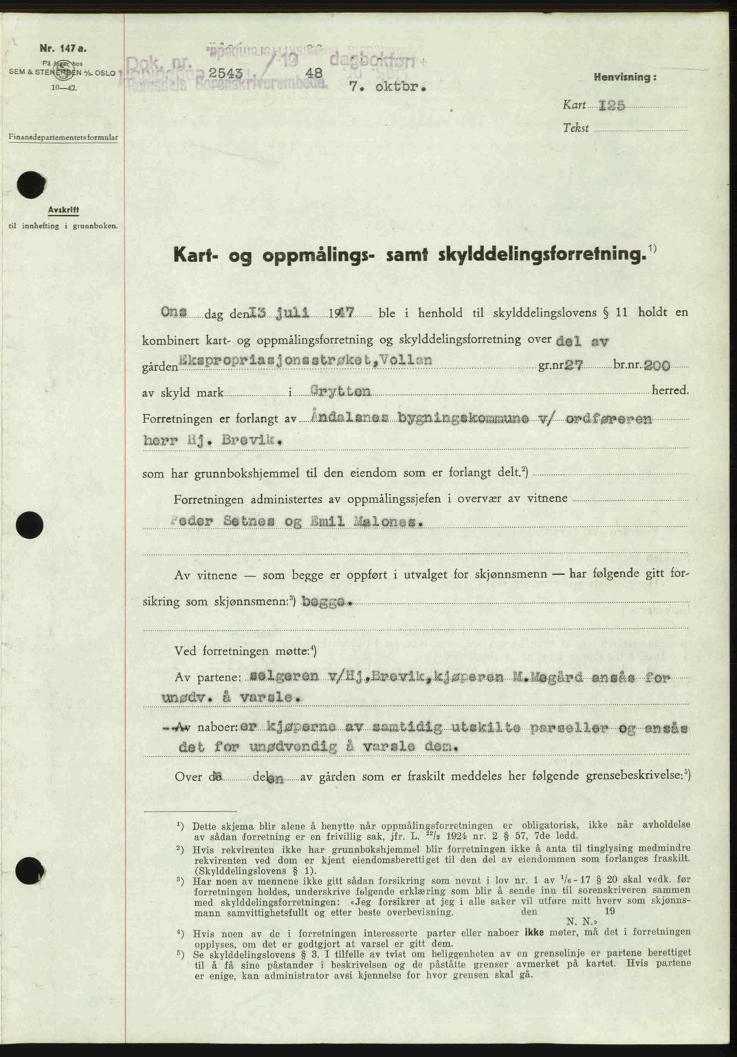 Romsdal sorenskriveri, AV/SAT-A-4149/1/2/2C: Mortgage book no. A27, 1948-1948, Diary no: : 2543/1948