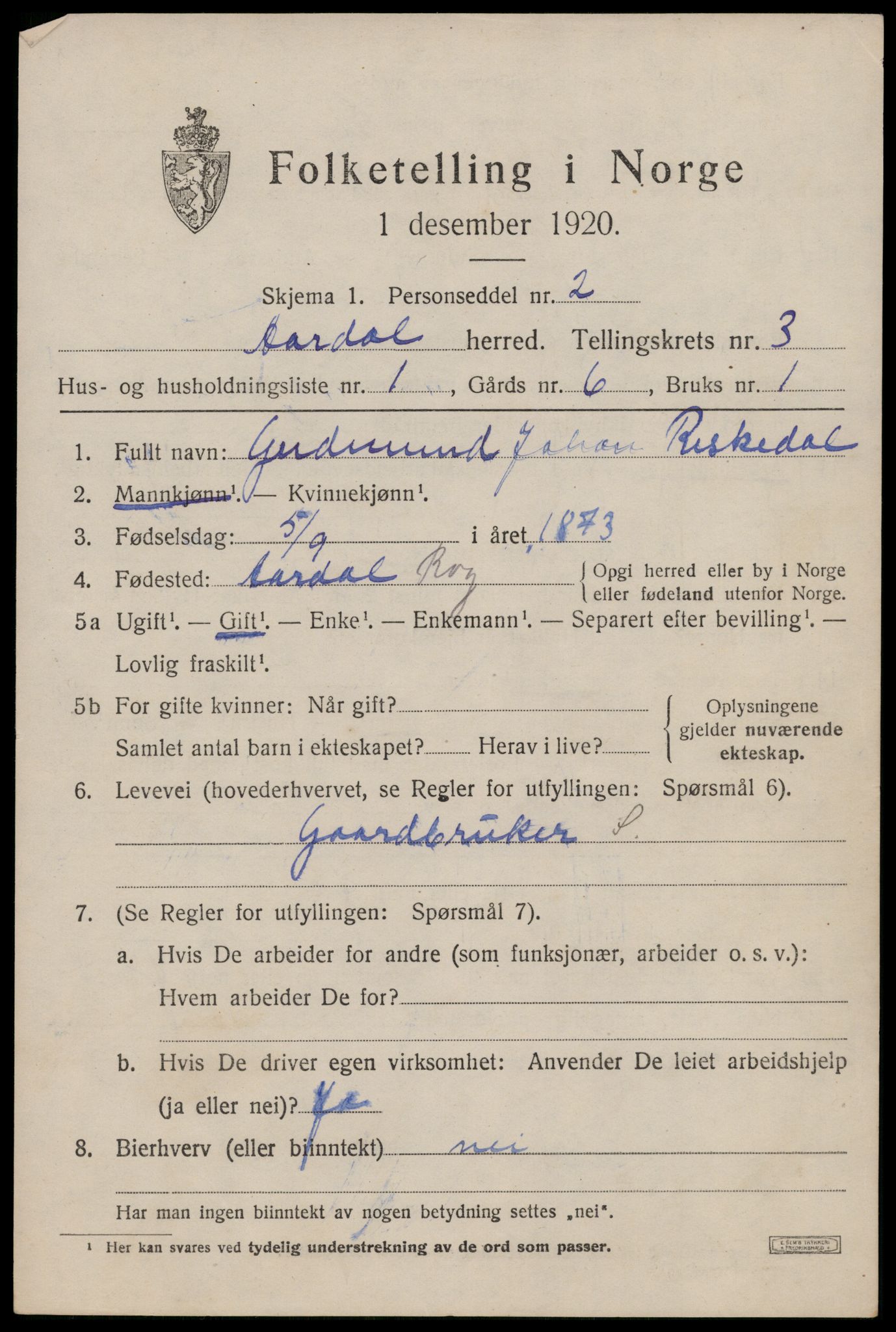 SAST, 1920 census for Årdal, 1920, p. 874