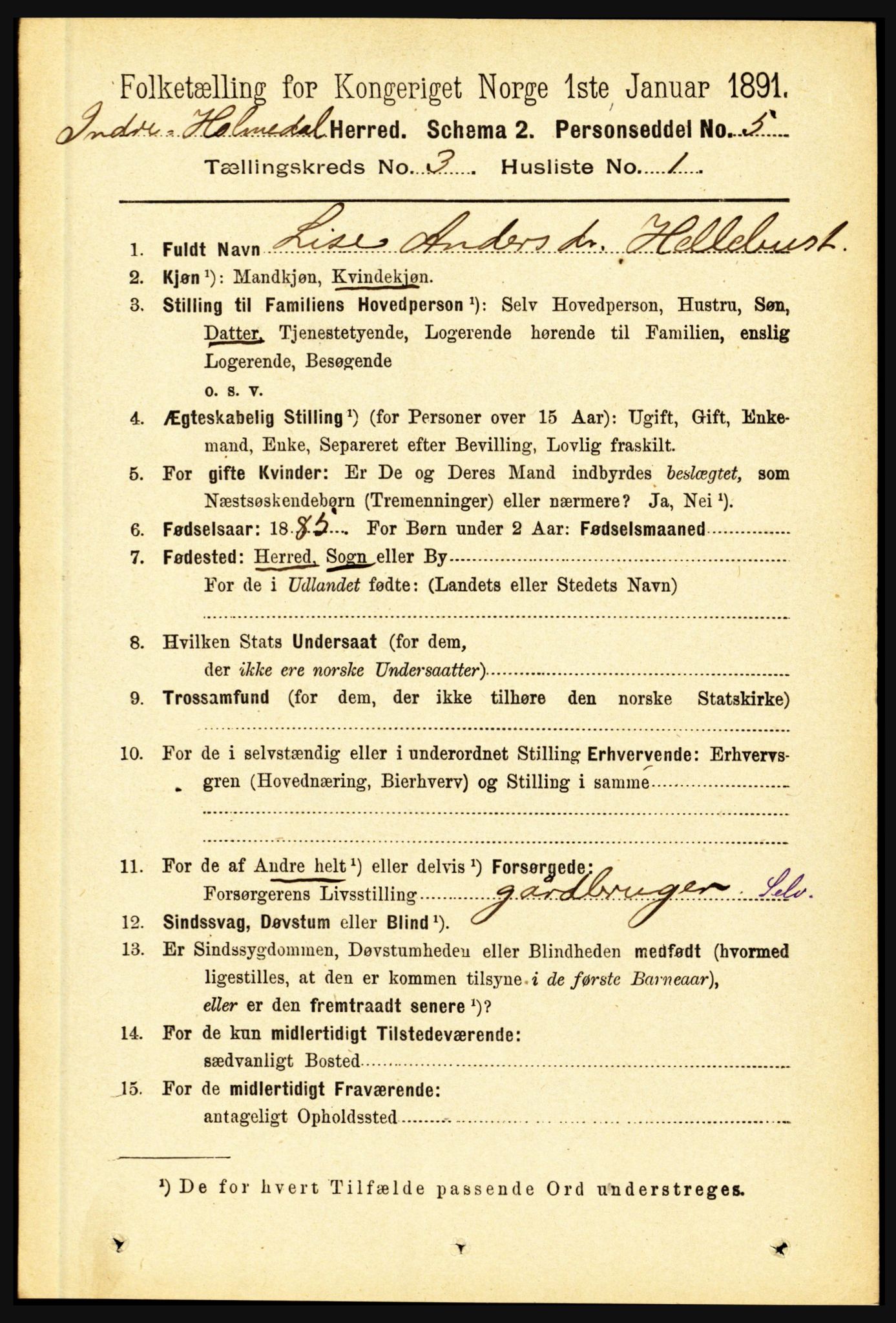 RA, 1891 census for 1430 Indre Holmedal, 1891, p. 899