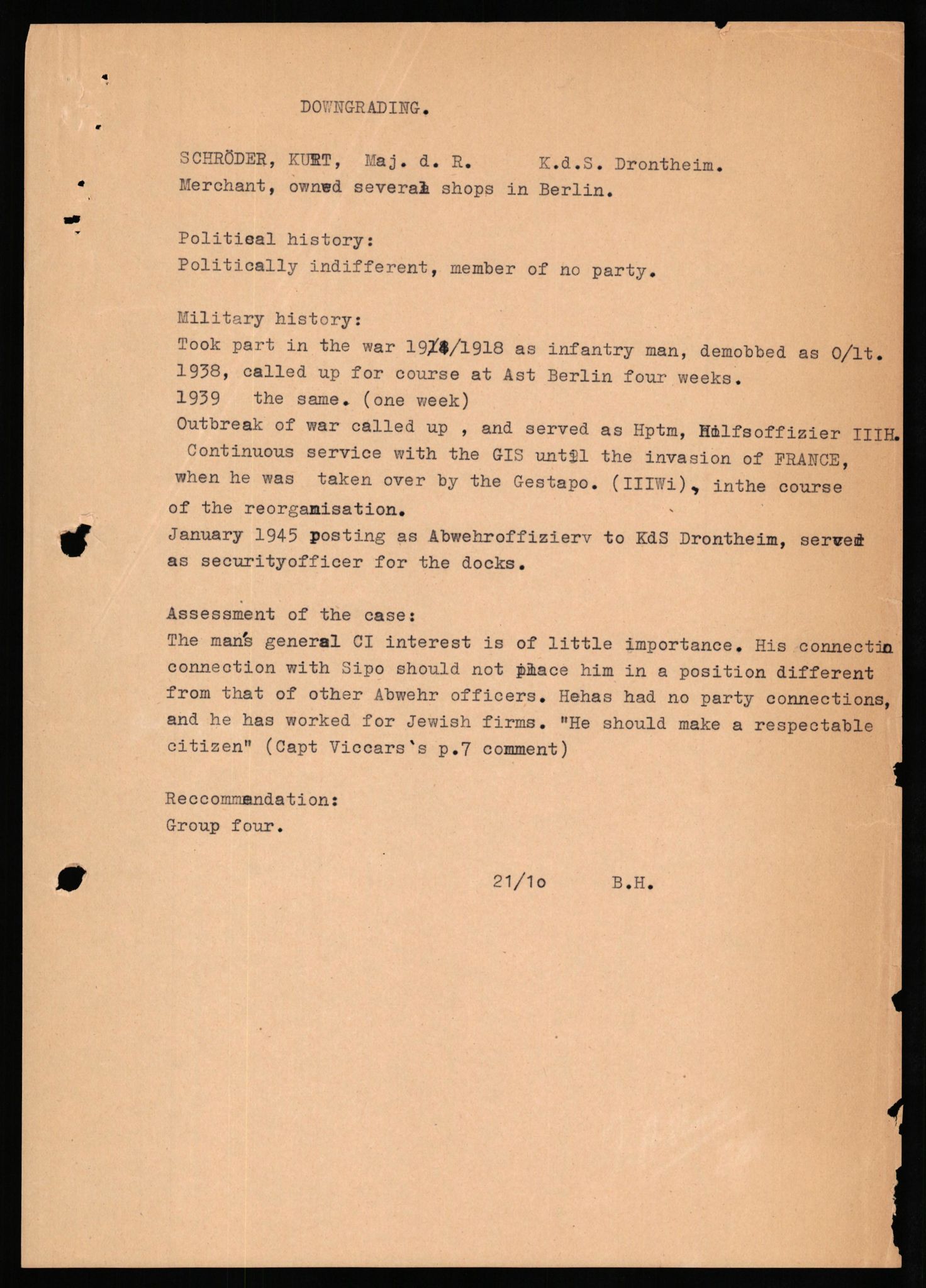 Forsvaret, Forsvarets overkommando II, AV/RA-RAFA-3915/D/Db/L0030: CI Questionaires. Tyske okkupasjonsstyrker i Norge. Tyskere., 1945-1946, p. 278