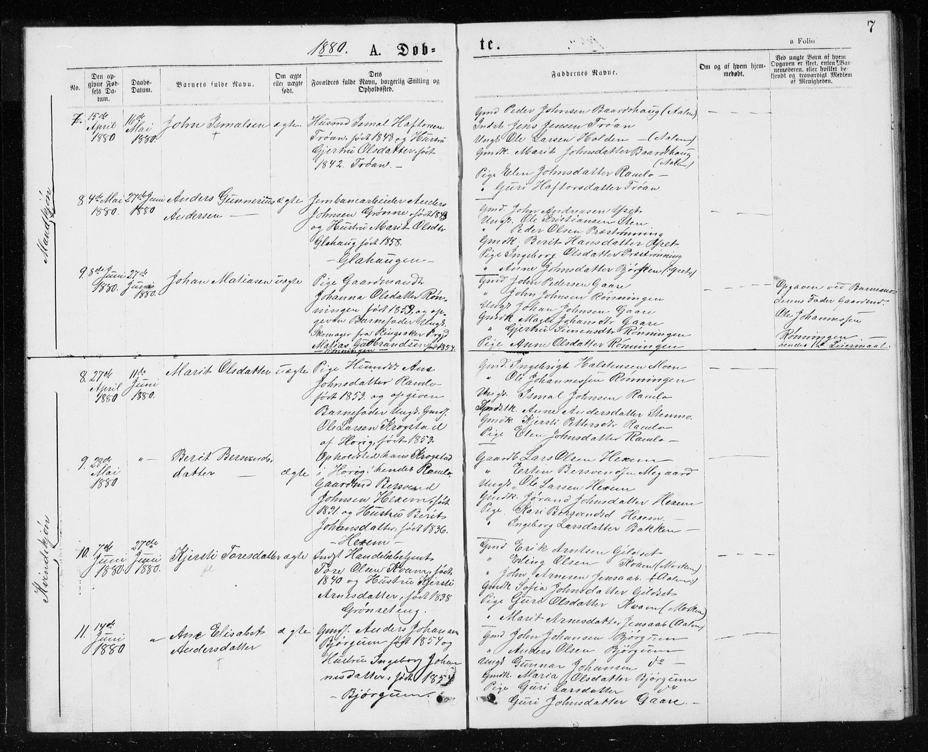 Ministerialprotokoller, klokkerbøker og fødselsregistre - Sør-Trøndelag, AV/SAT-A-1456/685/L0977: Parish register (copy) no. 685C02, 1879-1890, p. 7