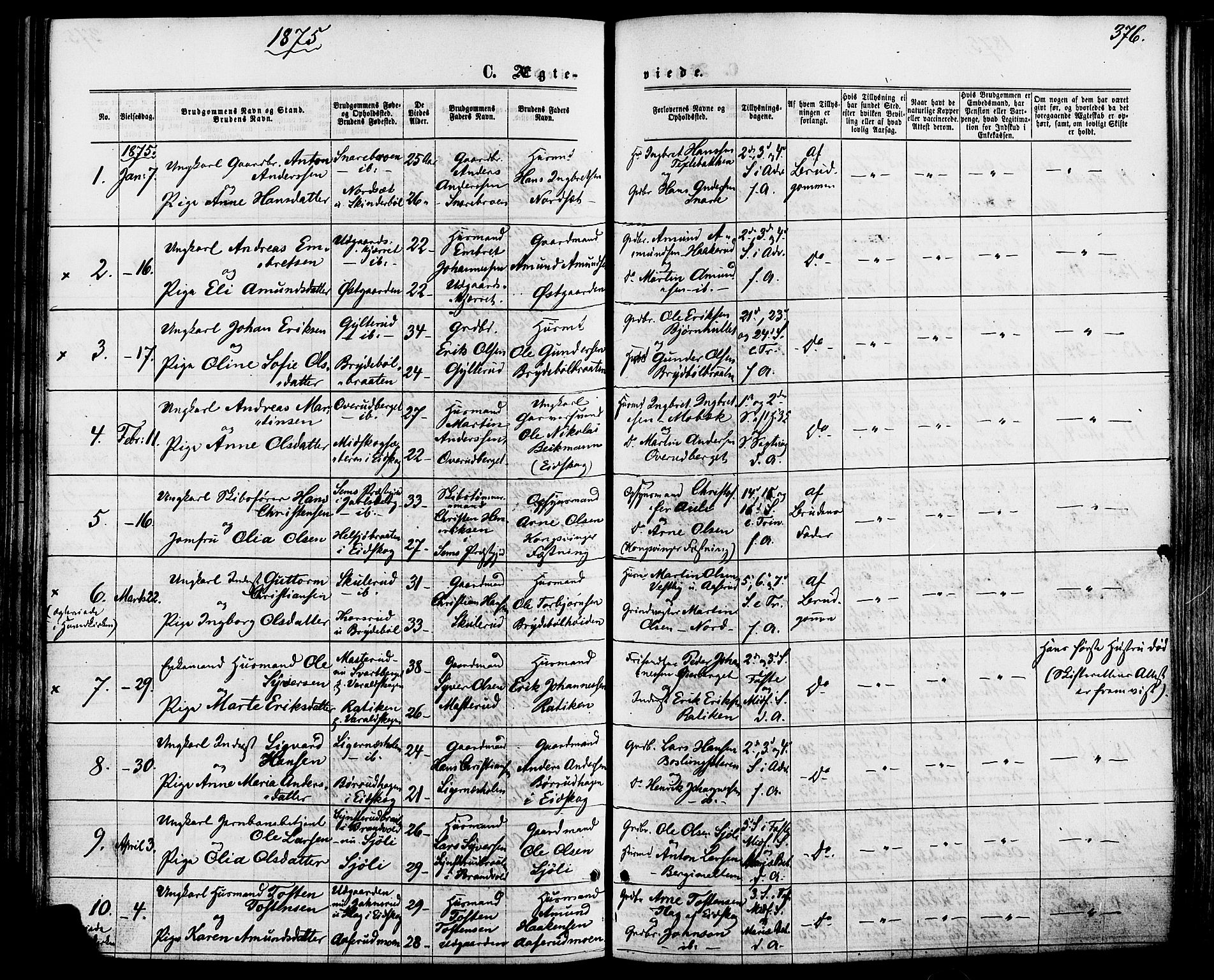 Vinger prestekontor, SAH/PREST-024/H/Ha/Haa/L0012: Parish register (official) no. 12, 1871-1880, p. 376
