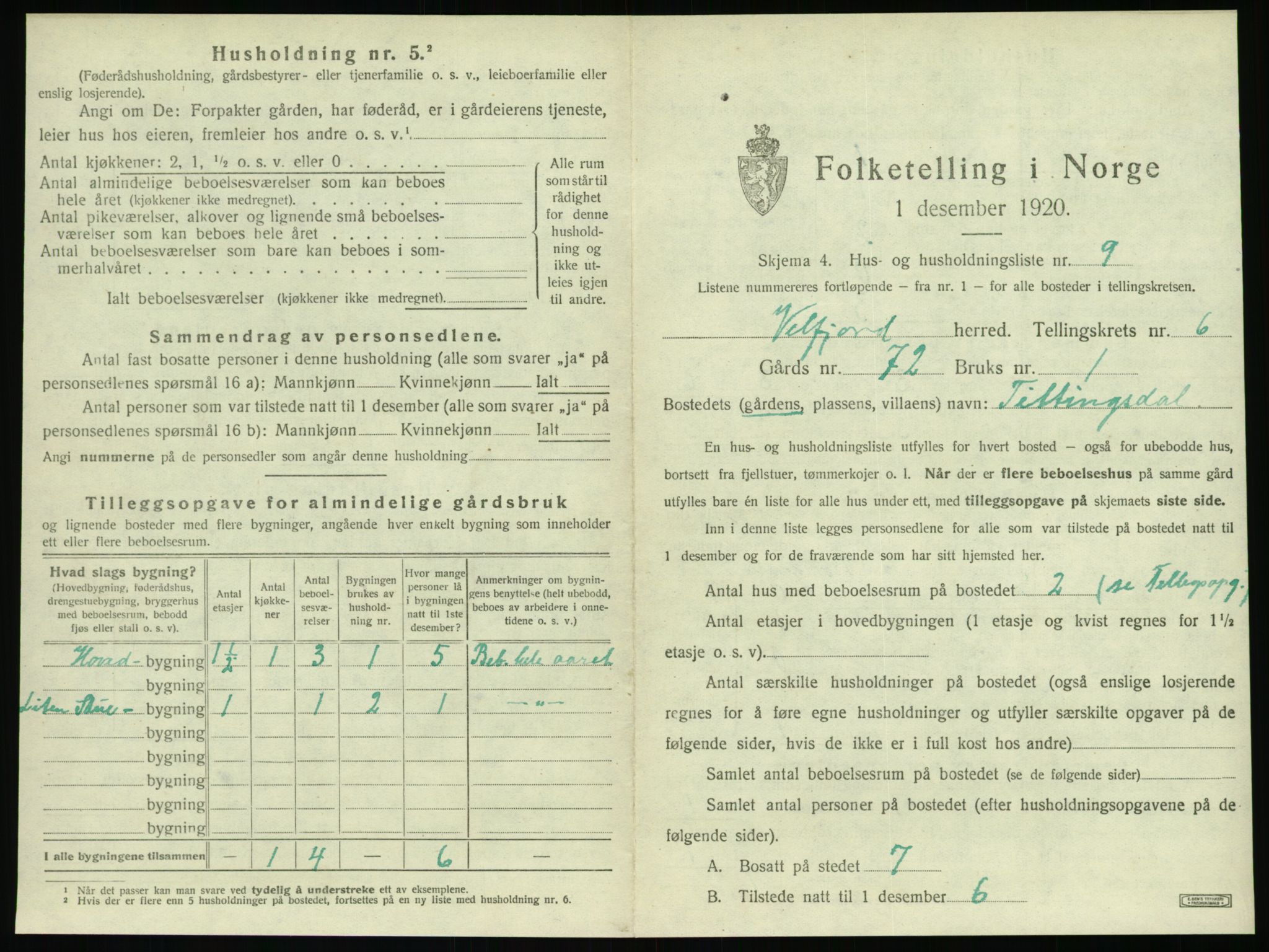 SAT, 1920 census for Velfjord, 1920, p. 543