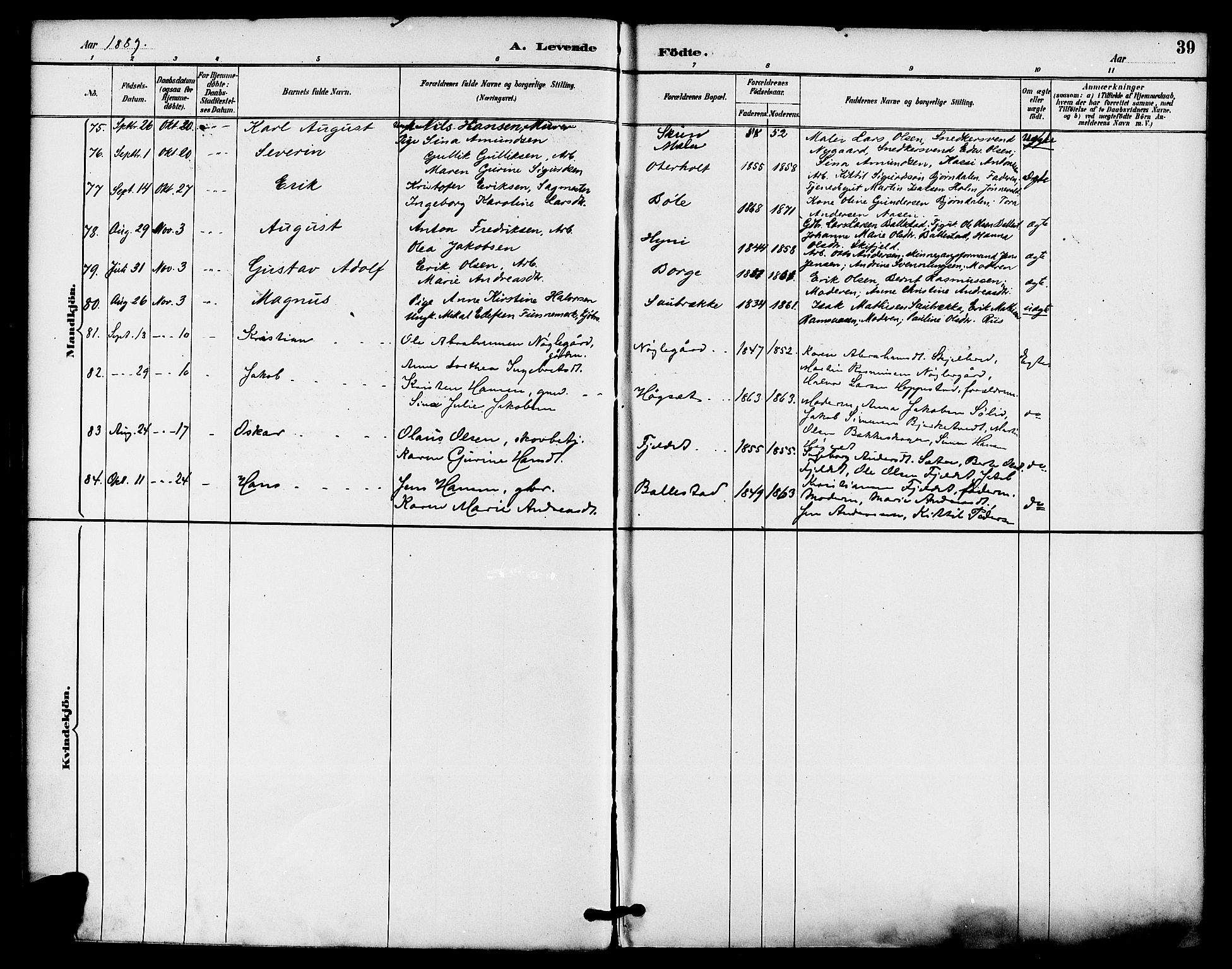 Gjerpen kirkebøker, AV/SAKO-A-265/F/Fa/L0010: Parish register (official) no. I 10, 1886-1895, p. 39