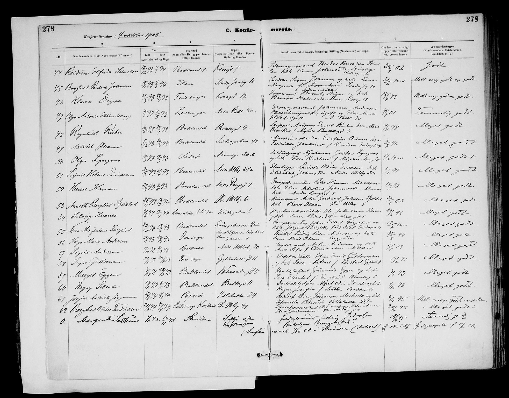 Ministerialprotokoller, klokkerbøker og fødselsregistre - Sør-Trøndelag, SAT/A-1456/604/L0203: Parish register (official) no. 604A23, 1908-1916, p. 278