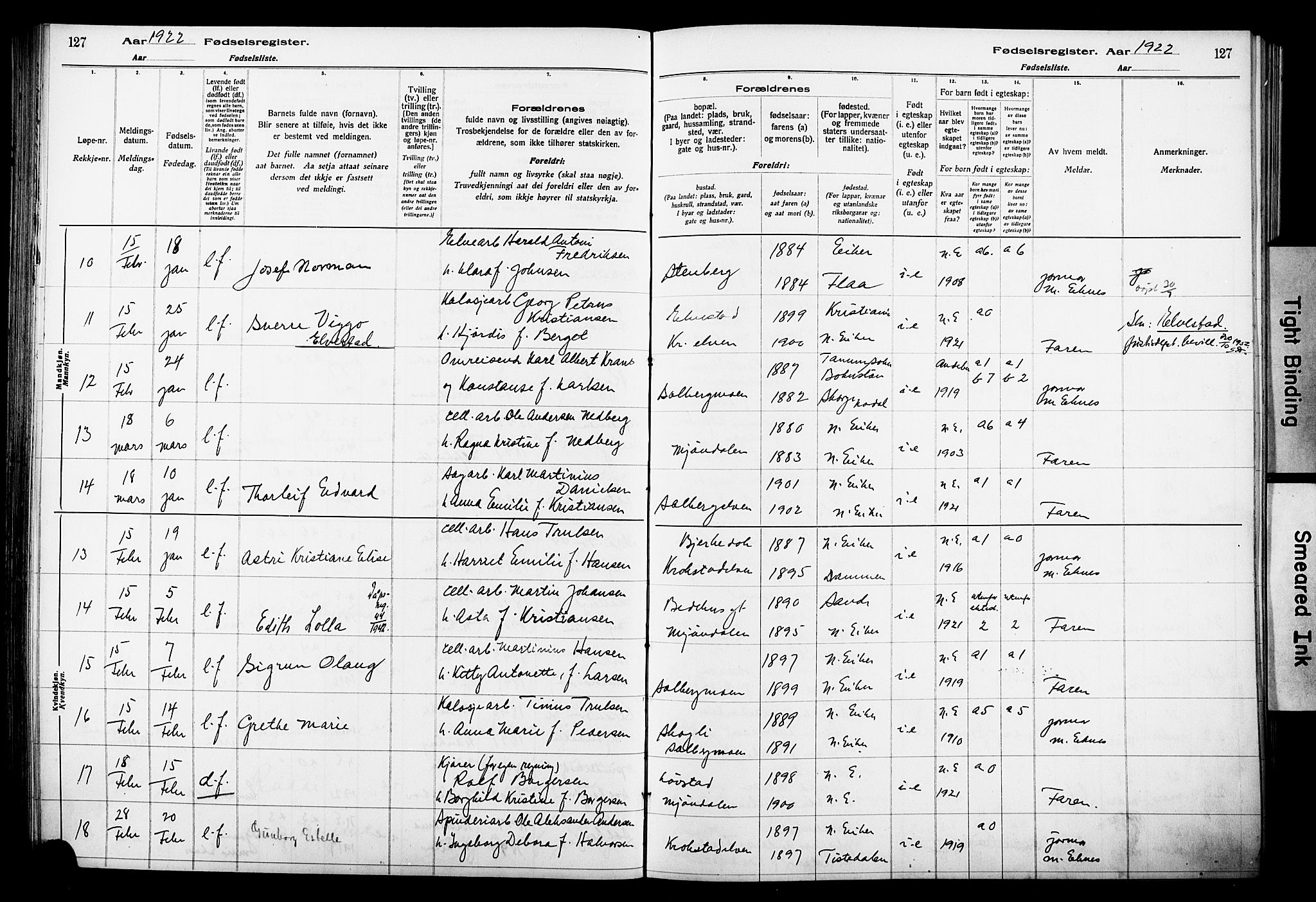 Nedre Eiker kirkebøker, AV/SAKO-A-612/J/Ja/L0001: Birth register no. 1, 1916-1925, p. 127