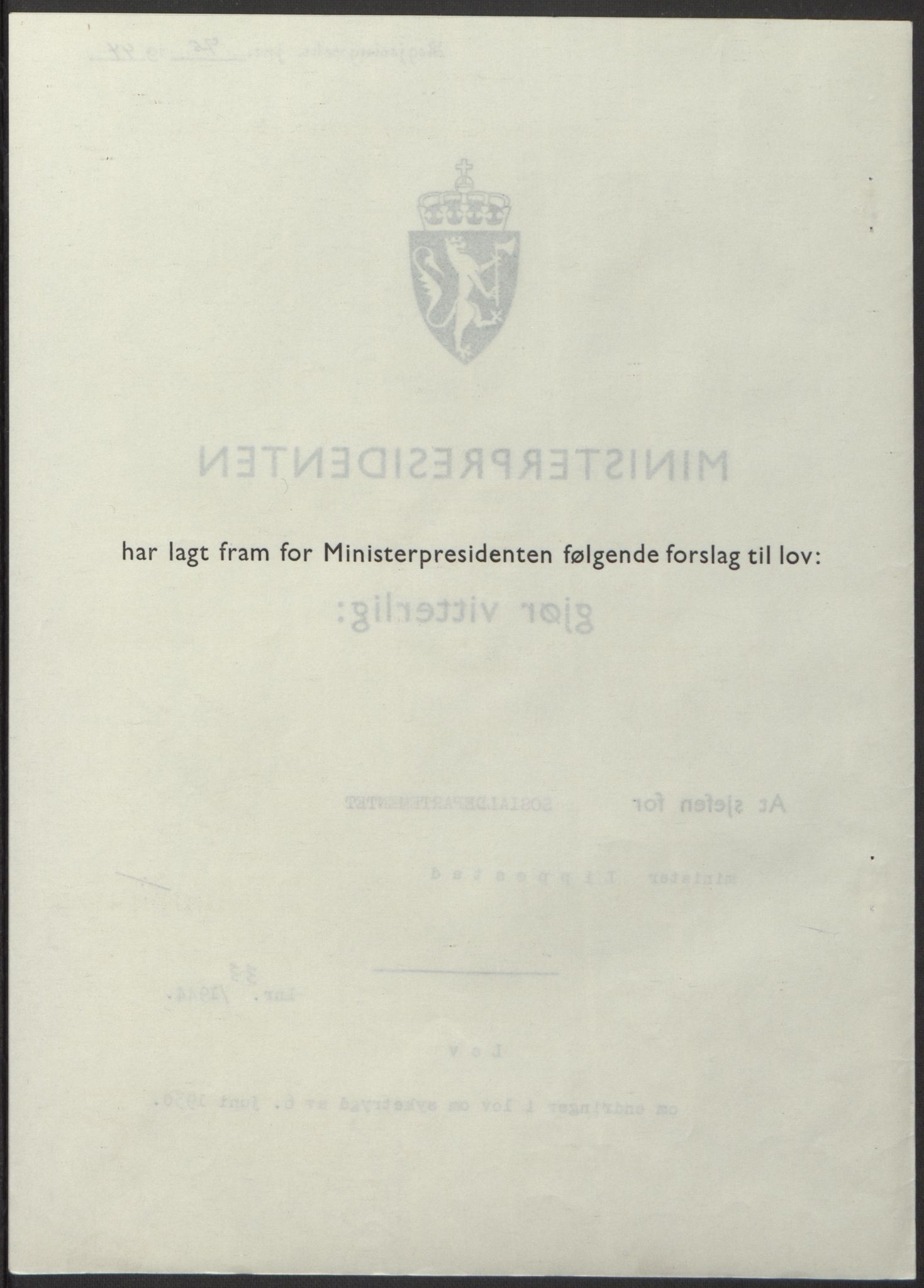 NS-administrasjonen 1940-1945 (Statsrådsekretariatet, de kommisariske statsråder mm), AV/RA-S-4279/D/Db/L0100: Lover, 1944, p. 156