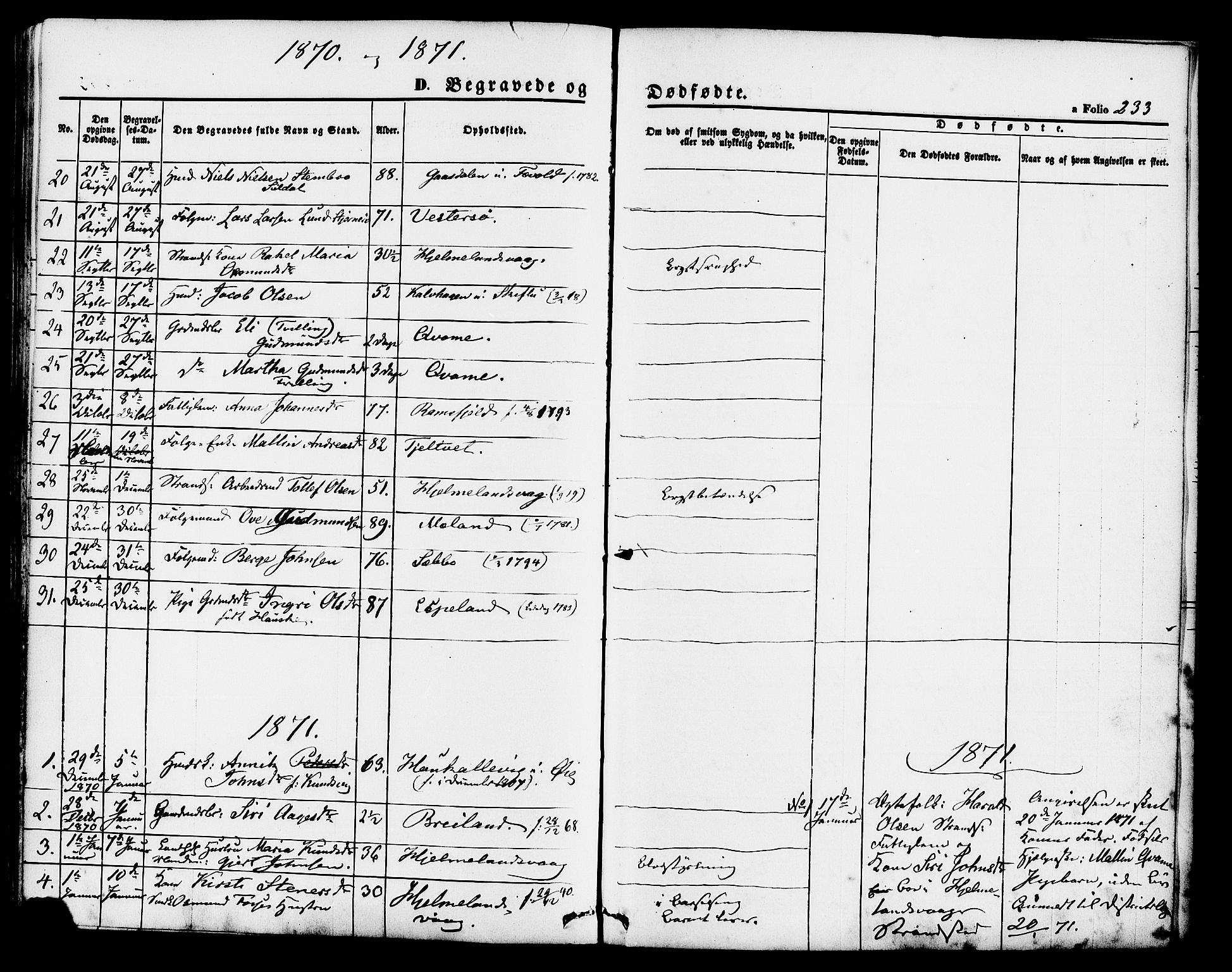 Hjelmeland sokneprestkontor, SAST/A-101843/01/IV/L0011: Parish register (official) no. A 11, 1861-1878, p. 233