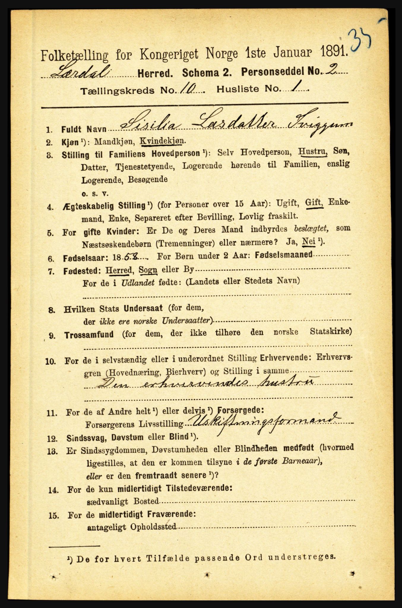 RA, 1891 census for 1422 Lærdal, 1891, p. 1698