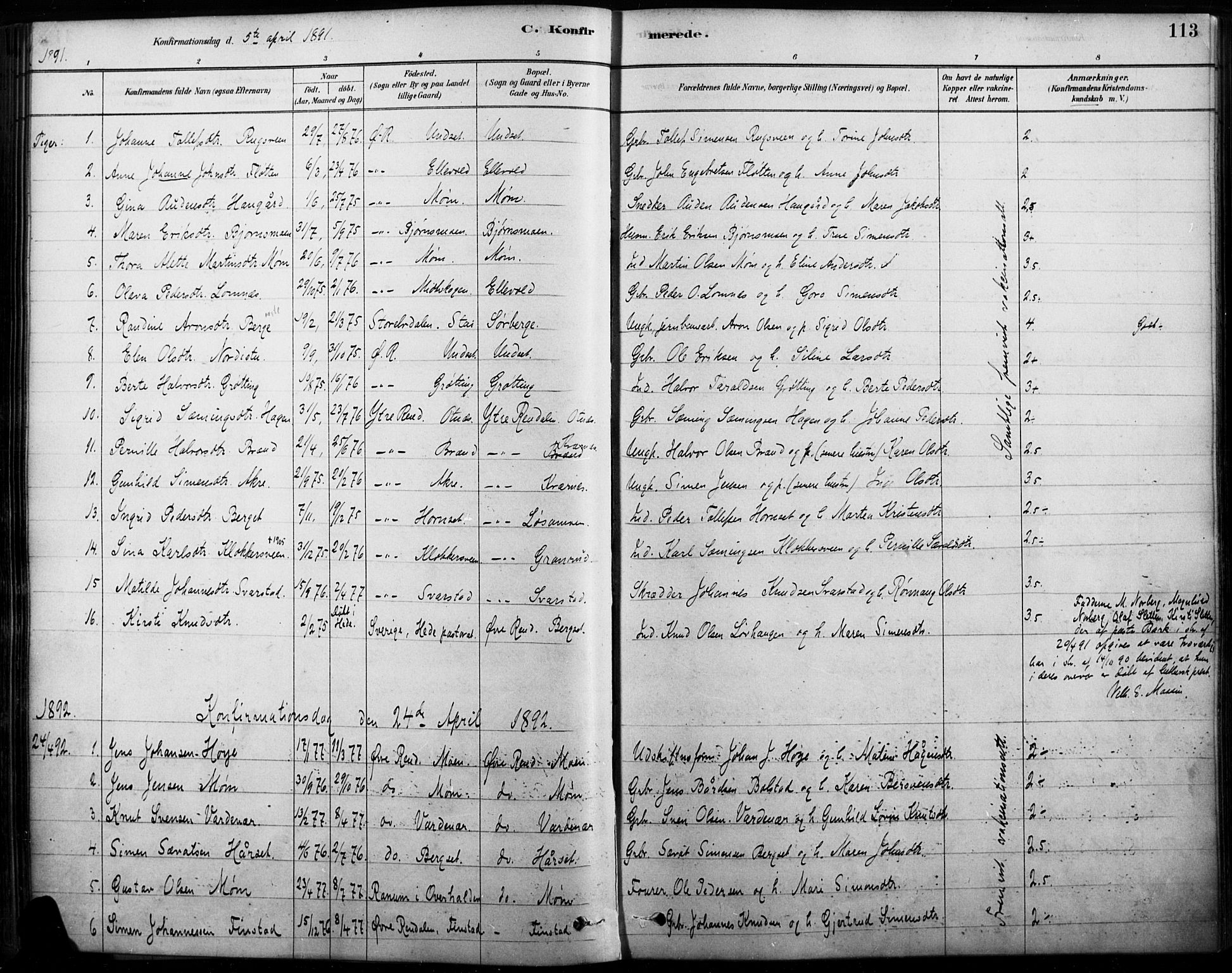 Rendalen prestekontor, SAH/PREST-054/H/Ha/Haa/L0009: Parish register (official) no. 9, 1878-1901, p. 113