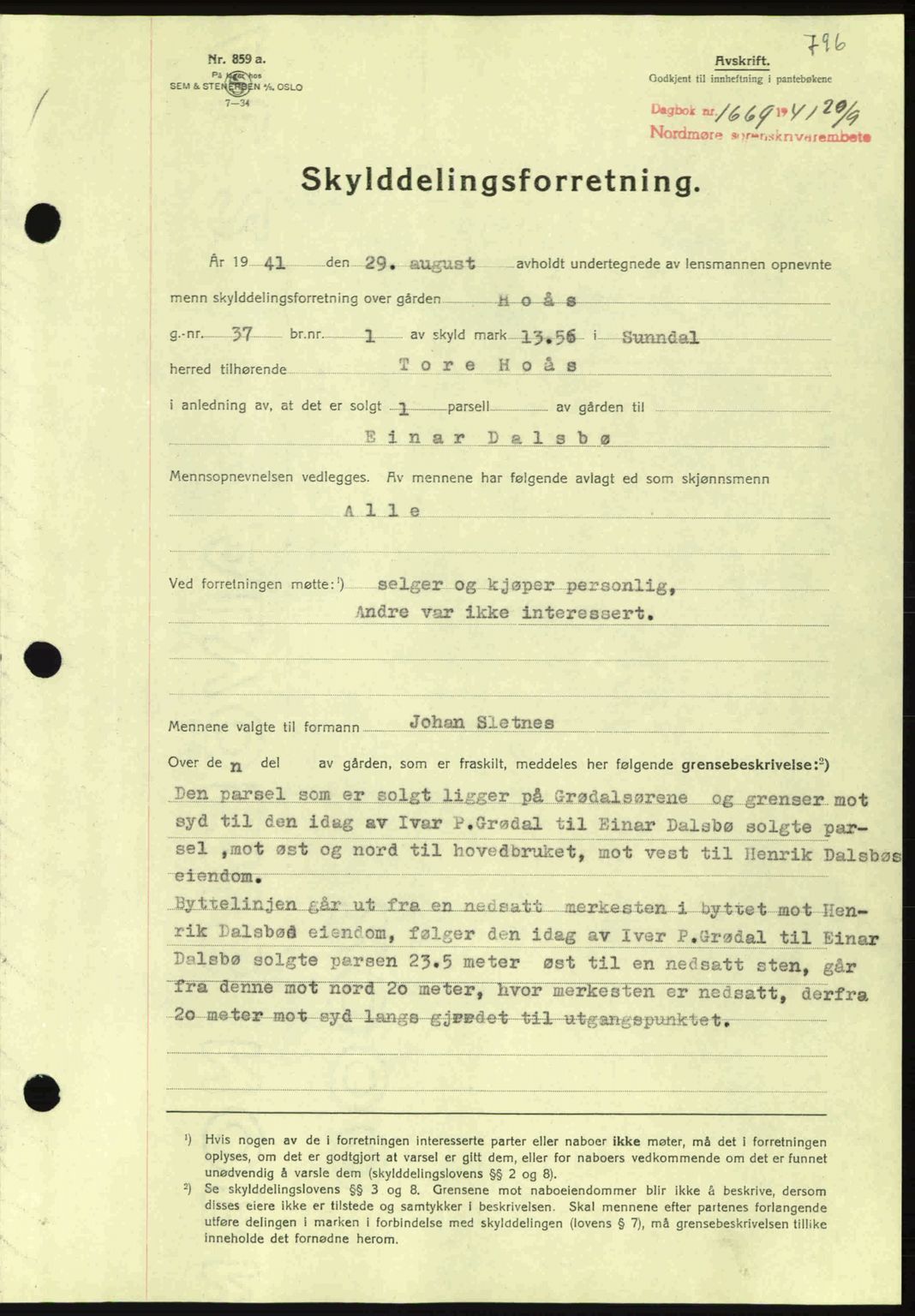 Nordmøre sorenskriveri, SAT/A-4132/1/2/2Ca: Mortgage book no. A90, 1941-1941, Diary no: : 1669/1941