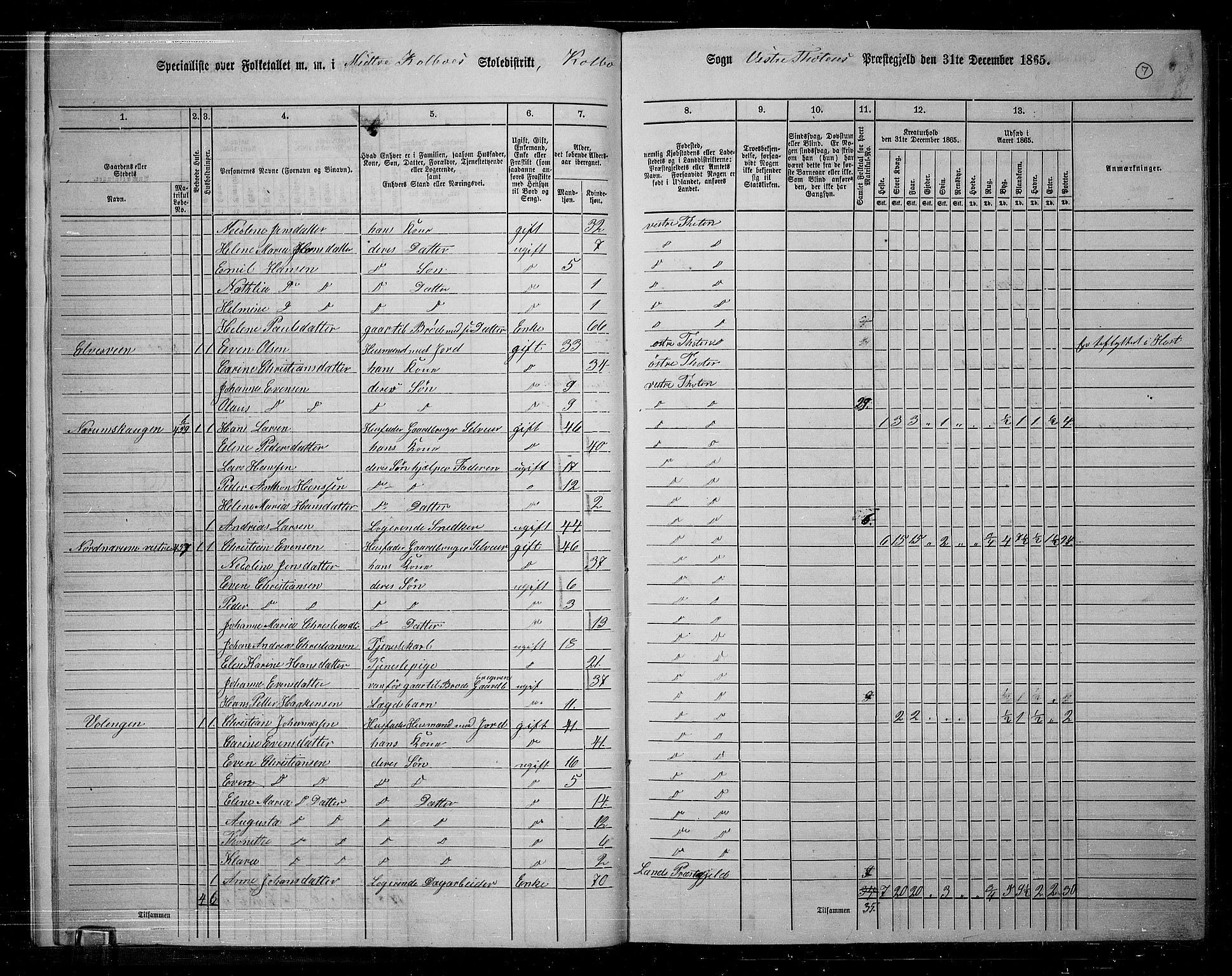 RA, 1865 census for Vestre Toten, 1865, p. 171