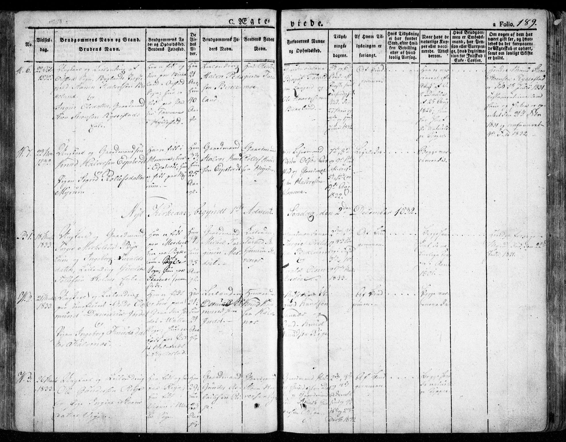 Valle sokneprestkontor, AV/SAK-1111-0044/F/Fa/Fac/L0006: Parish register (official) no. A 6, 1831-1853, p. 189