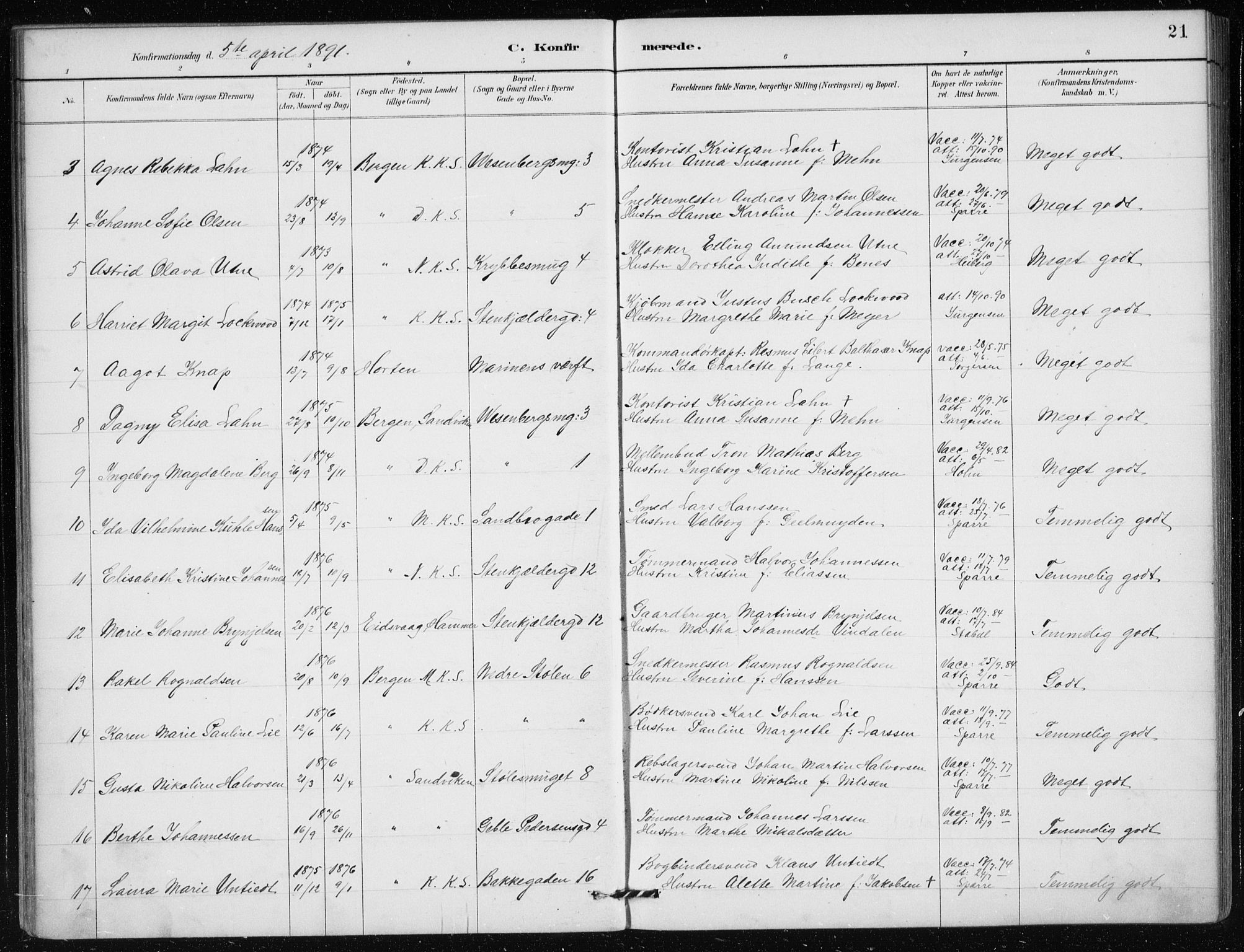 Mariakirken Sokneprestembete, AV/SAB-A-76901/H/Haa/L0013: Parish register (official) no. C 1, 1889-1900, p. 21