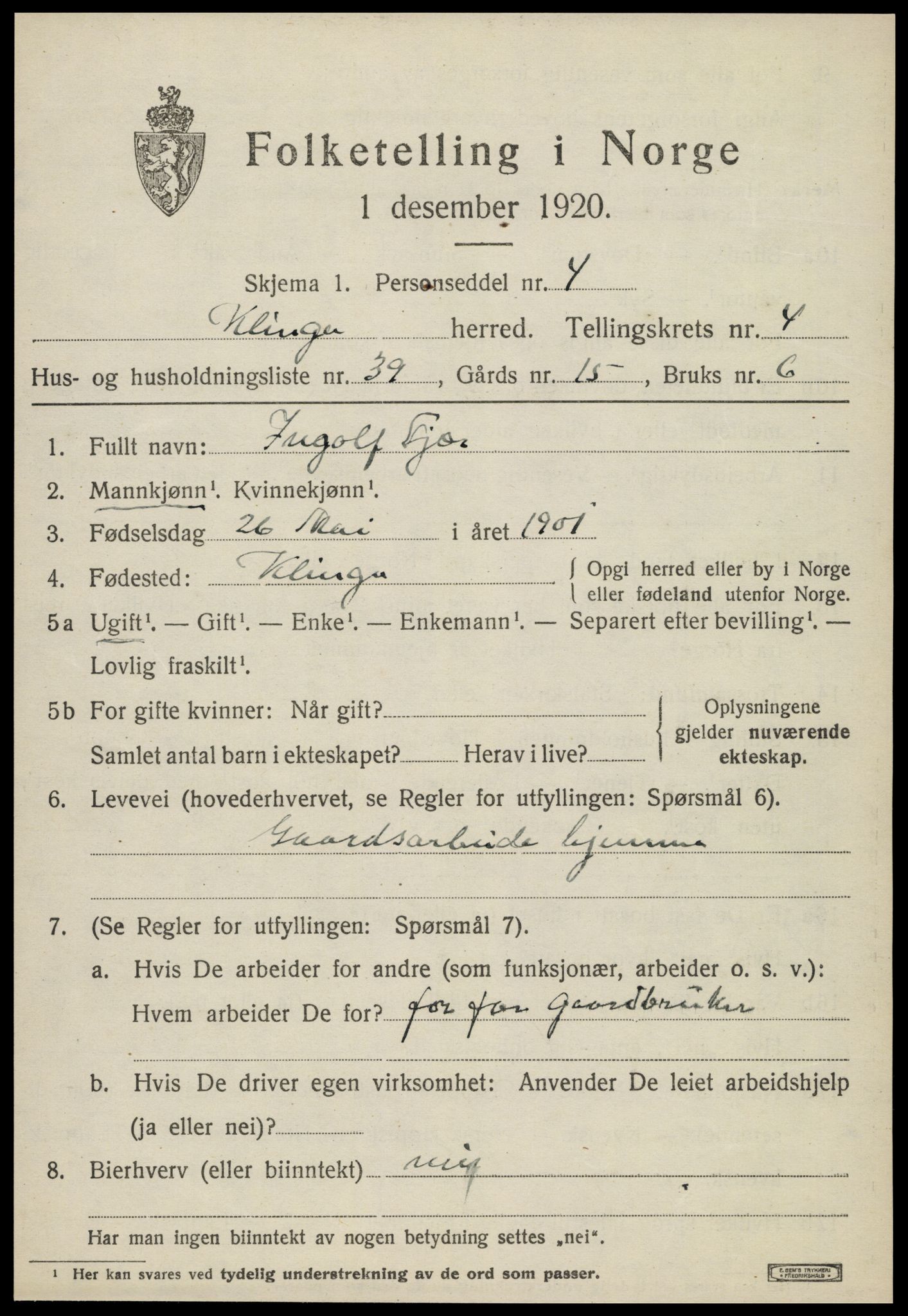 SAT, 1920 census for Klinga, 1920, p. 2847