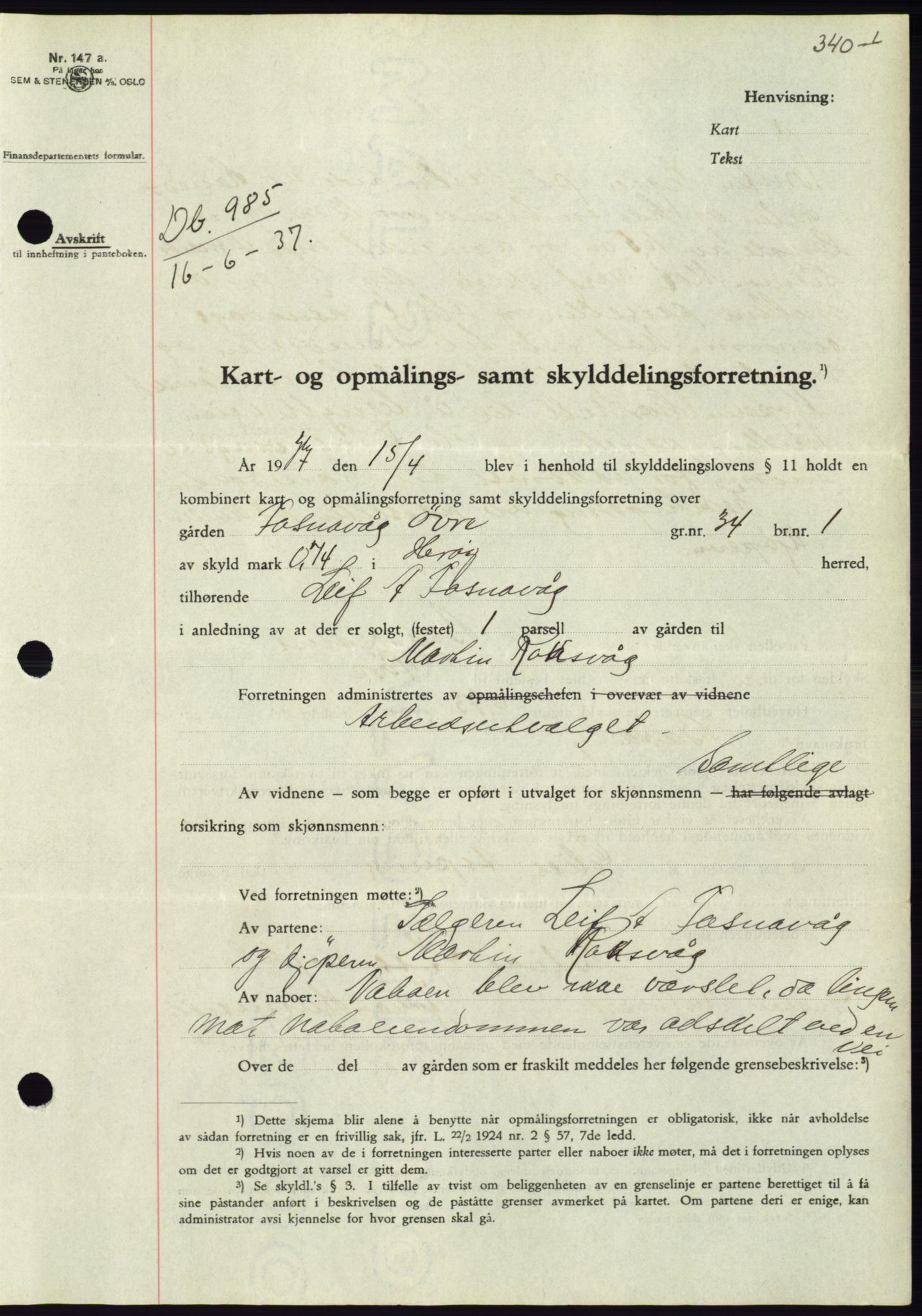 Søre Sunnmøre sorenskriveri, AV/SAT-A-4122/1/2/2C/L0063: Mortgage book no. 57, 1937-1937, Diary no: : 985/1937