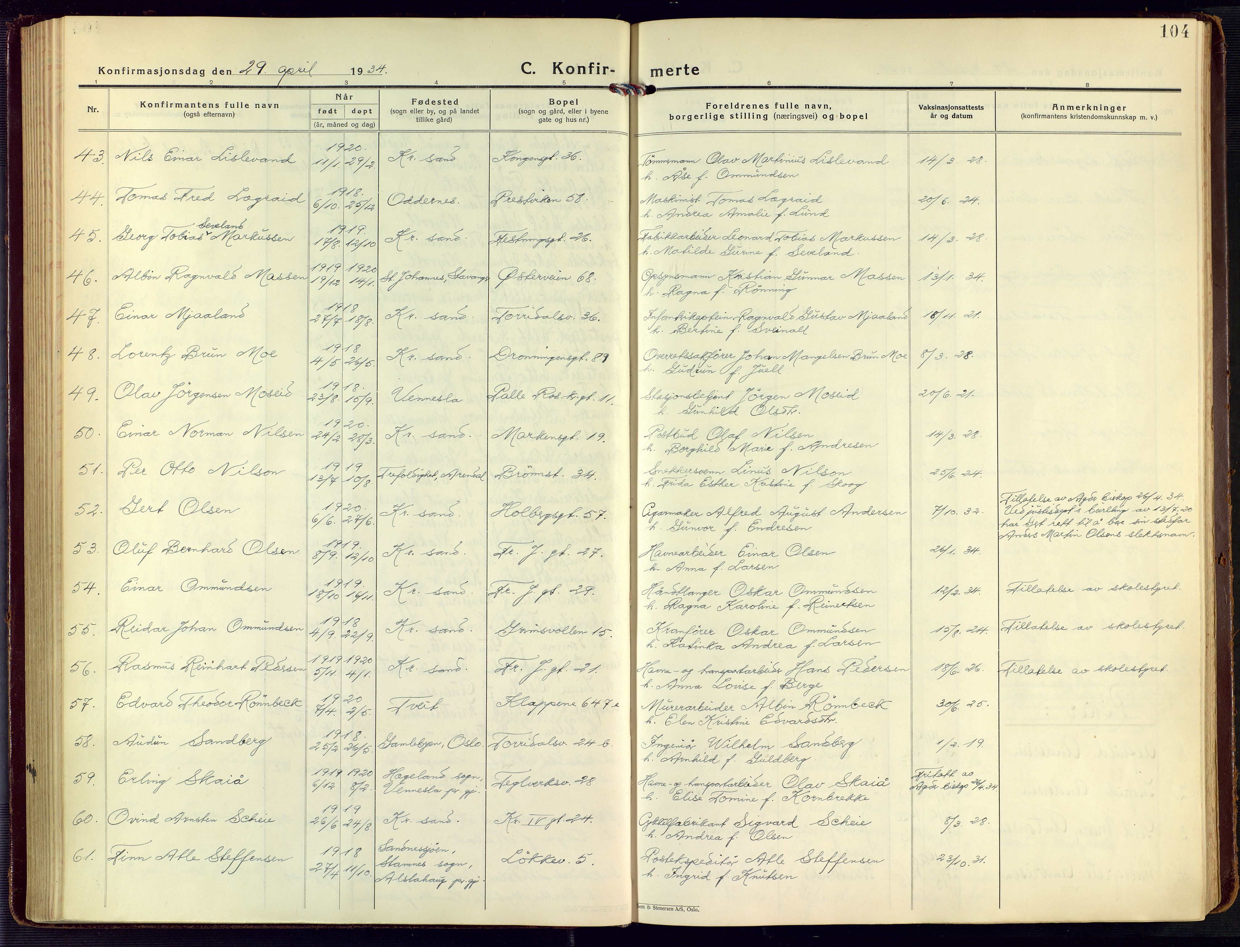 Kristiansand domprosti, SAK/1112-0006/F/Fa/L0027: Parish register (official) no. A 26, 1928-1940, p. 104
