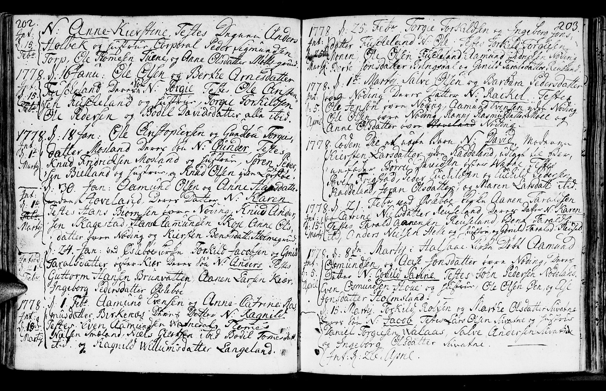 Holum sokneprestkontor, SAK/1111-0022/F/Fa/Faa/L0002: Parish register (official) no. A 2, 1756-1780, p. 202-203