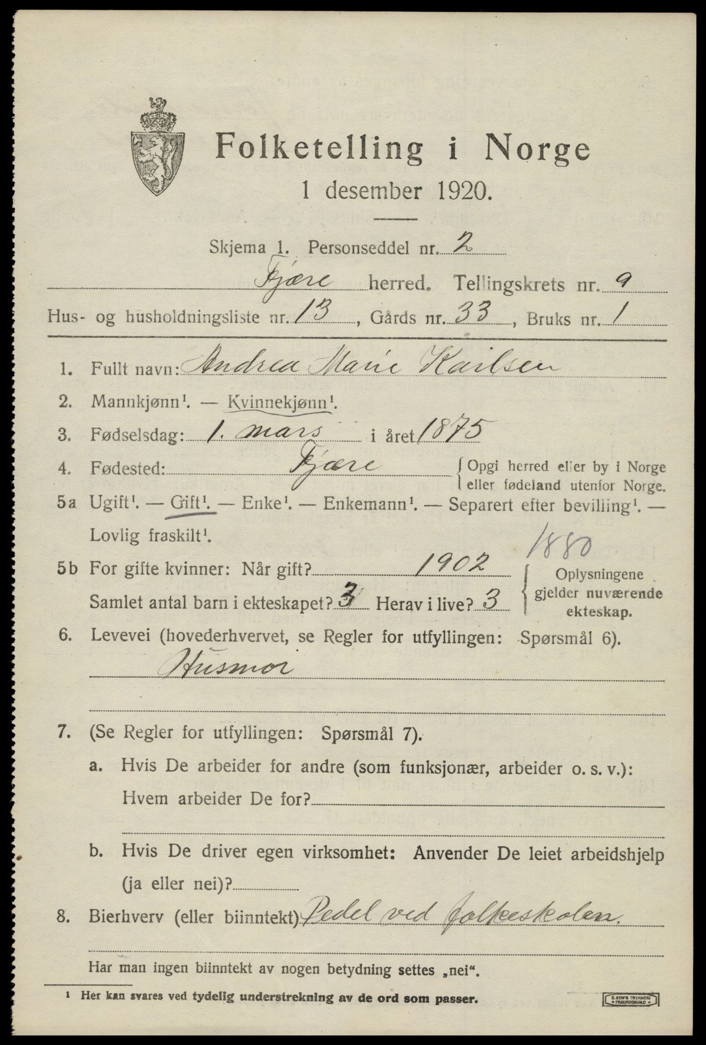 SAK, 1920 census for Fjære, 1920, p. 11273