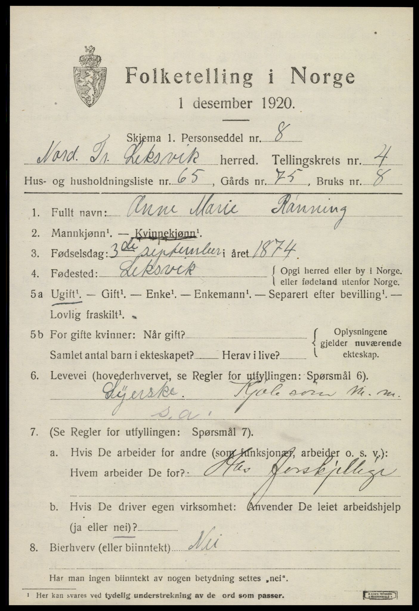 SAT, 1920 census for Leksvik, 1920, p. 4344